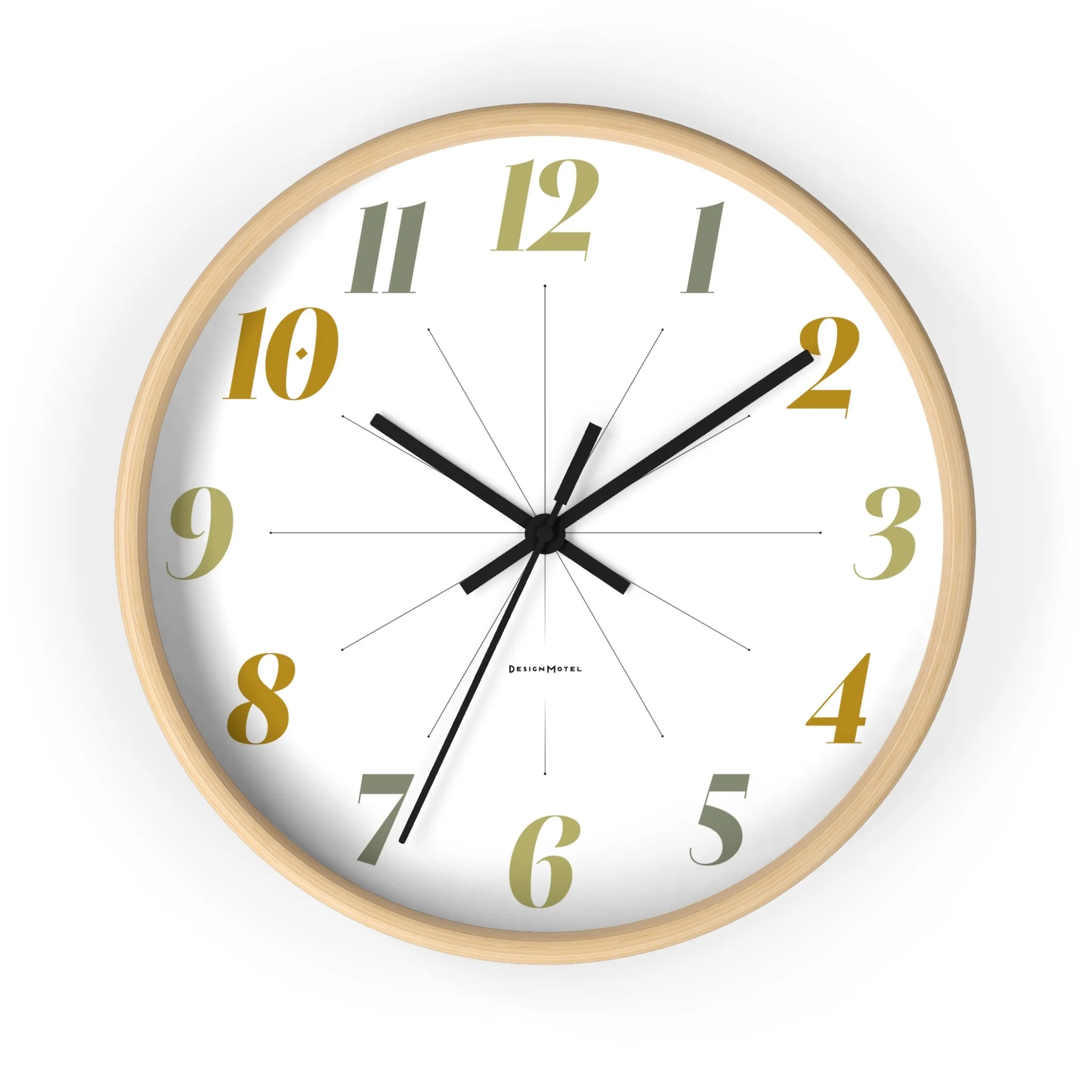 Round wall clock with a light wood frame, white face, black hour and minute hands, and black second hand, displaying 10:11:37.