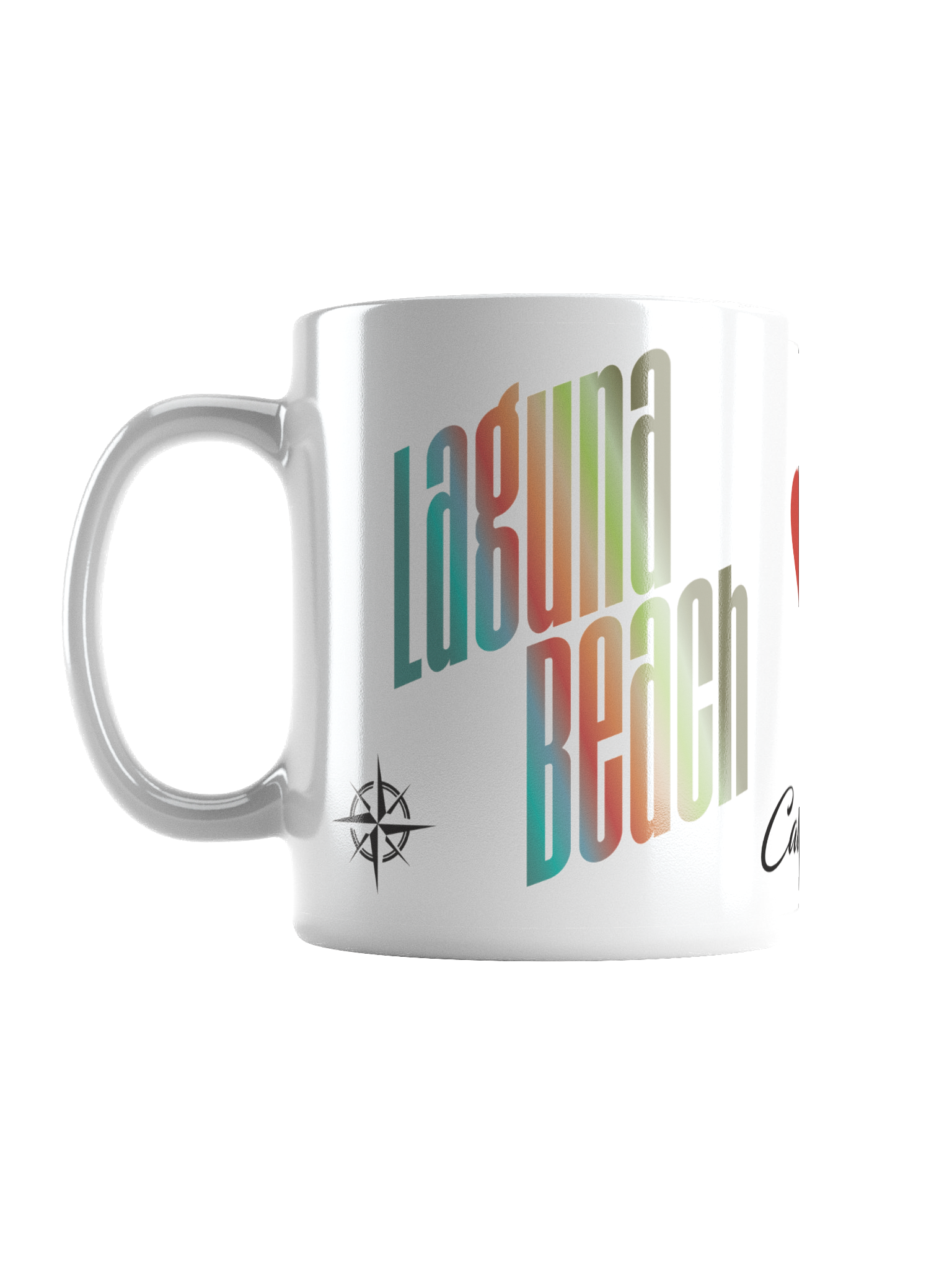 A white ceramic mug with colorful text and a black compass graphic, partially visible, with a black signature at the bottom.