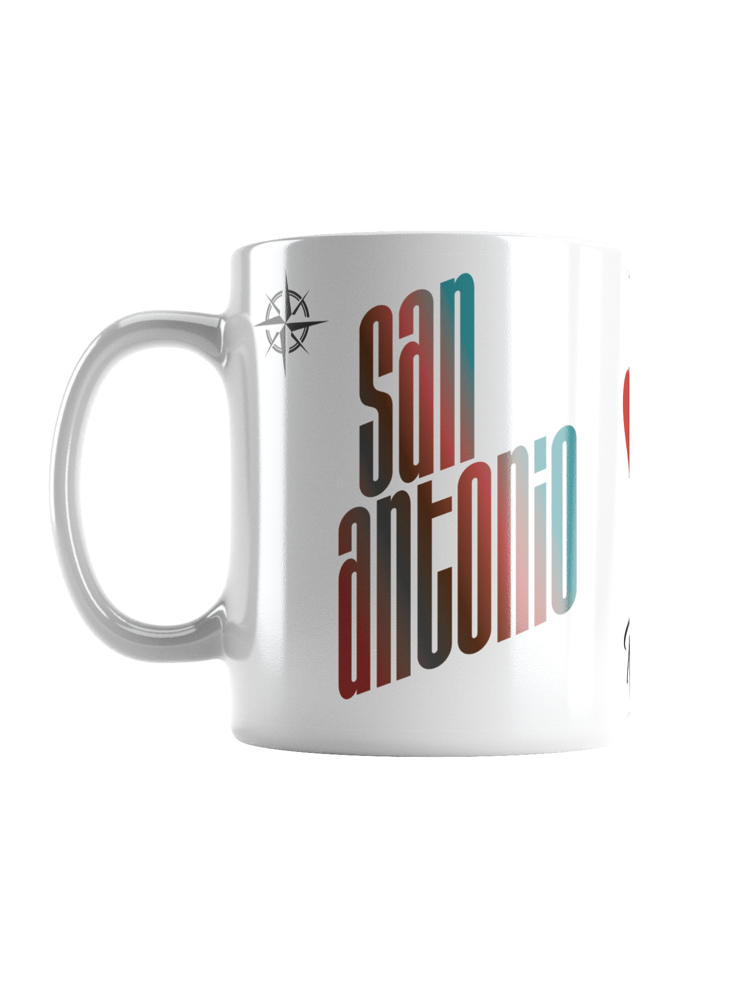 A white ceramic mug with the phrase "SOCIAL DISTANCE" in stylized red, black, and teal letters, and a small black compass icon beside the text.