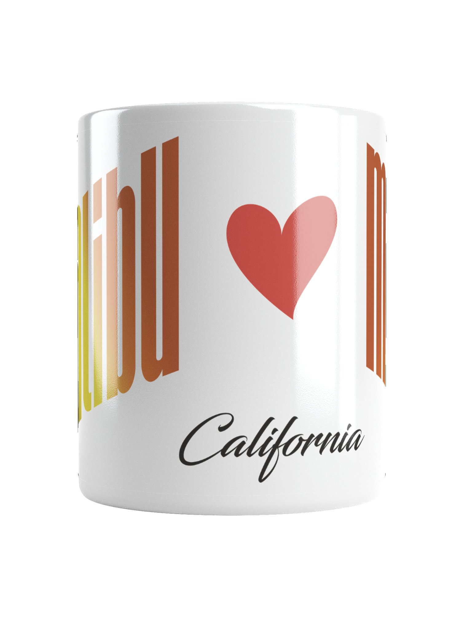 A white coffee mug with the word "California" in black cursive and a red heart, featuring a partial view of the word "California" and a barcode or striped design on the side.