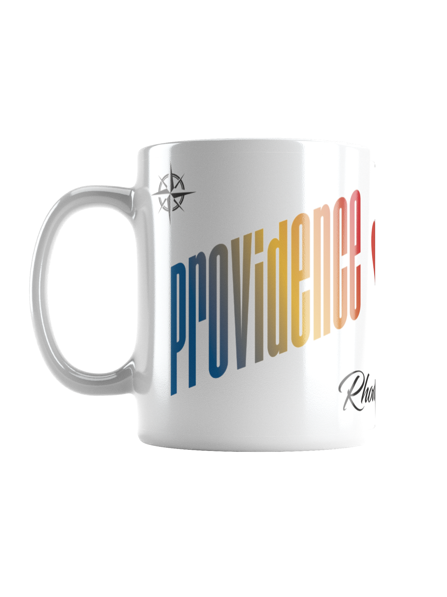 A white coffee mug featuring vertical rainbow-colored text and a small black and gray compass logo near the handle, with a signature at the bottom.
