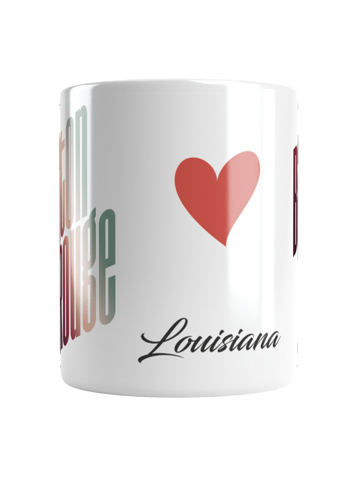 A white mug with the word 'Louisiana' written in black cursive and a red heart above it.