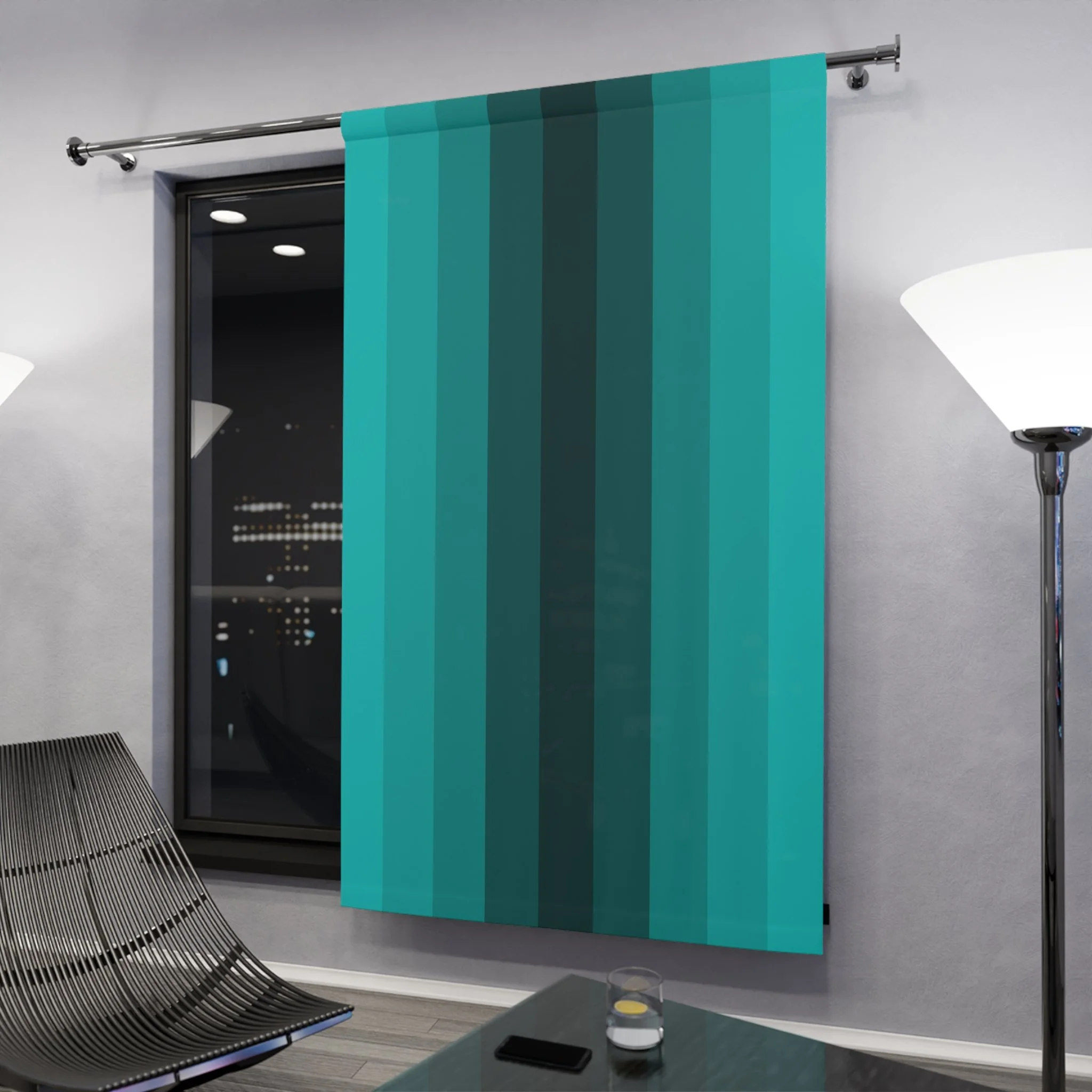Modern living room with a large window covered by a turquoise and teal striped curtain, a black lounge chair, a side table with a glass of water and a remote, and two floor lamps.
