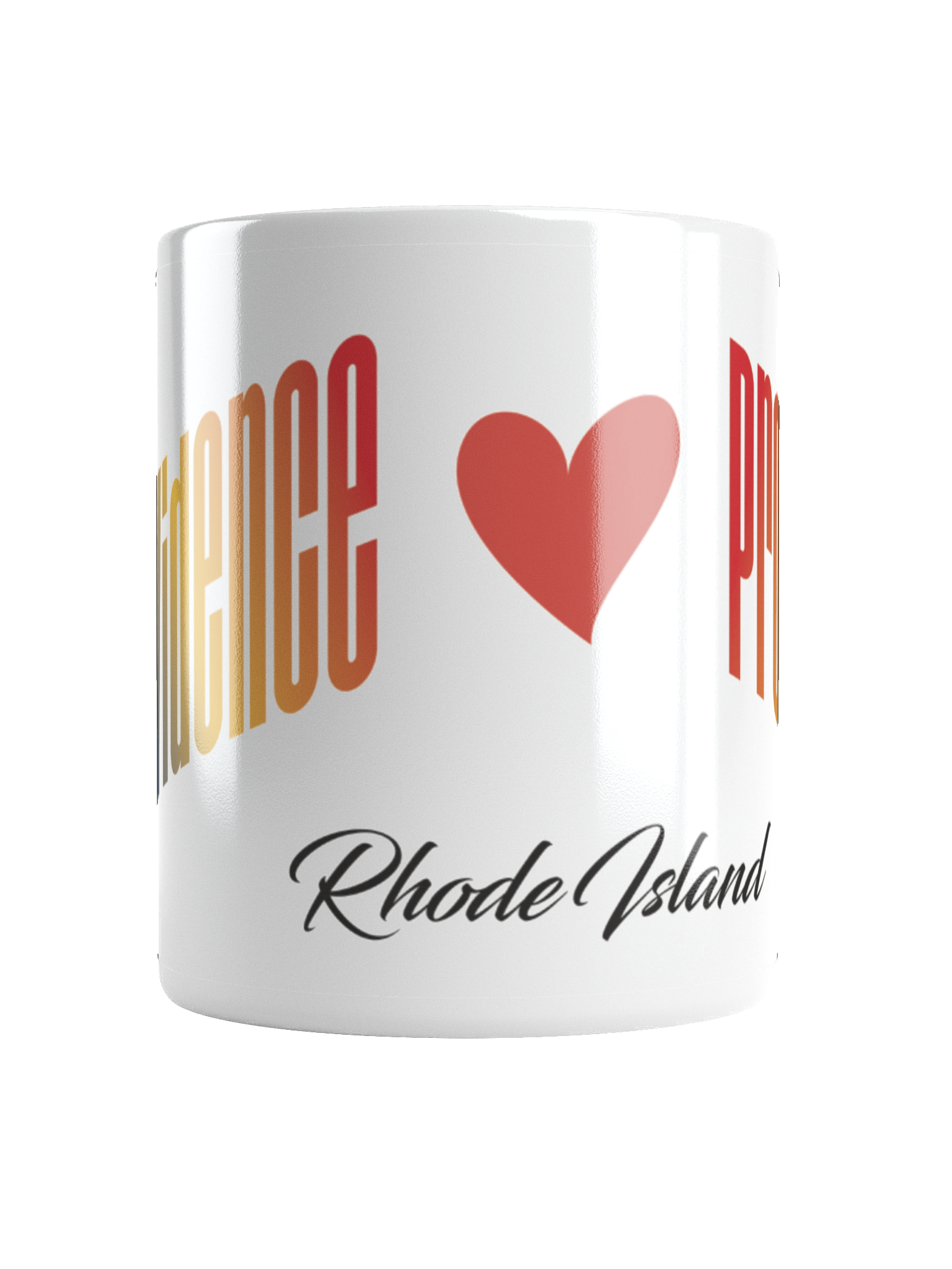 A ceramic mug with a partially visible design that includes the words "Rhode Island" in cursive and a stylized red heart. The mug appears to have a glossy finish and a white background.