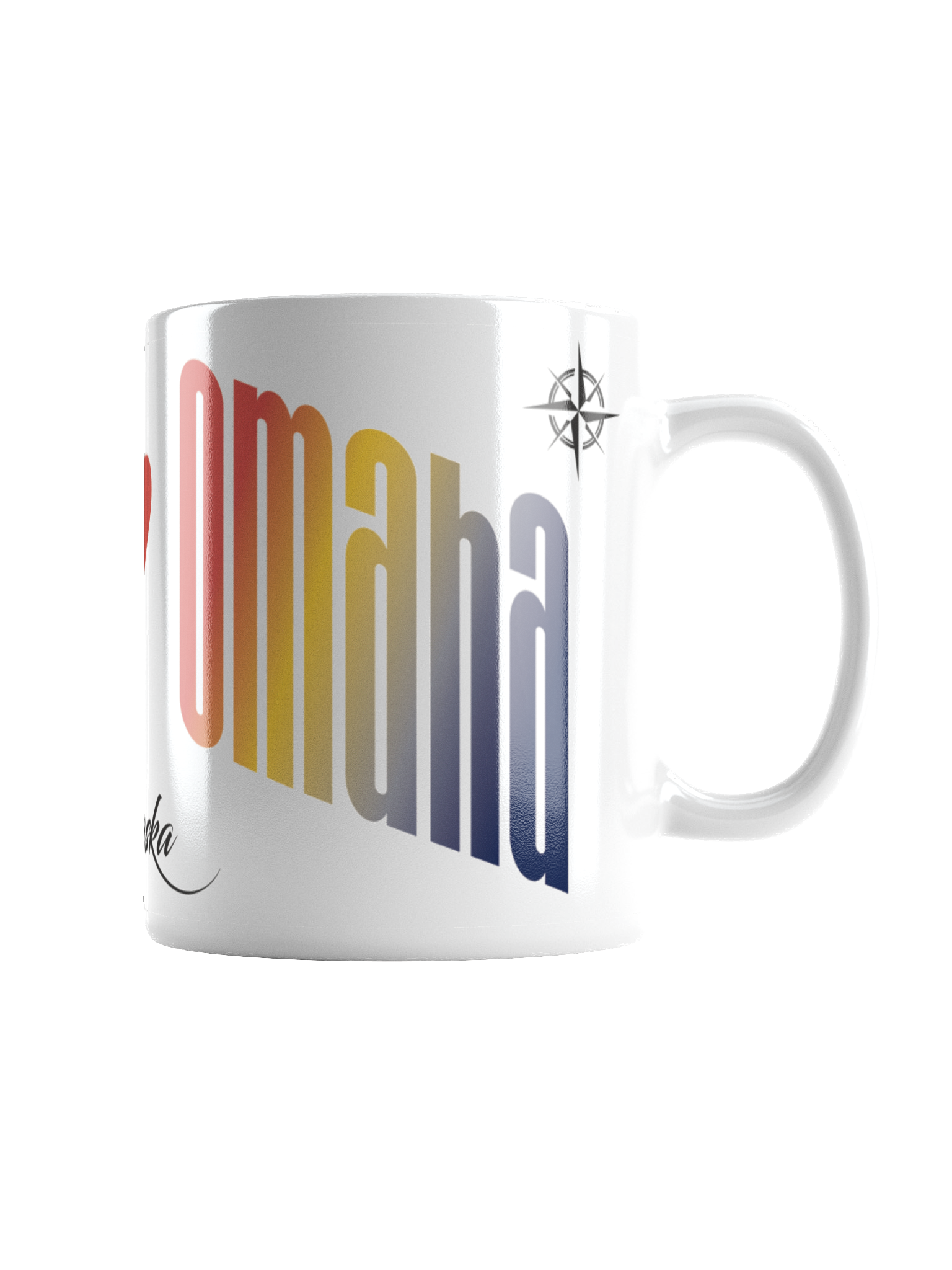 Close-up of a white ceramic mug with colorful, vertical text that says 'California' and a black compass logo near the handle.