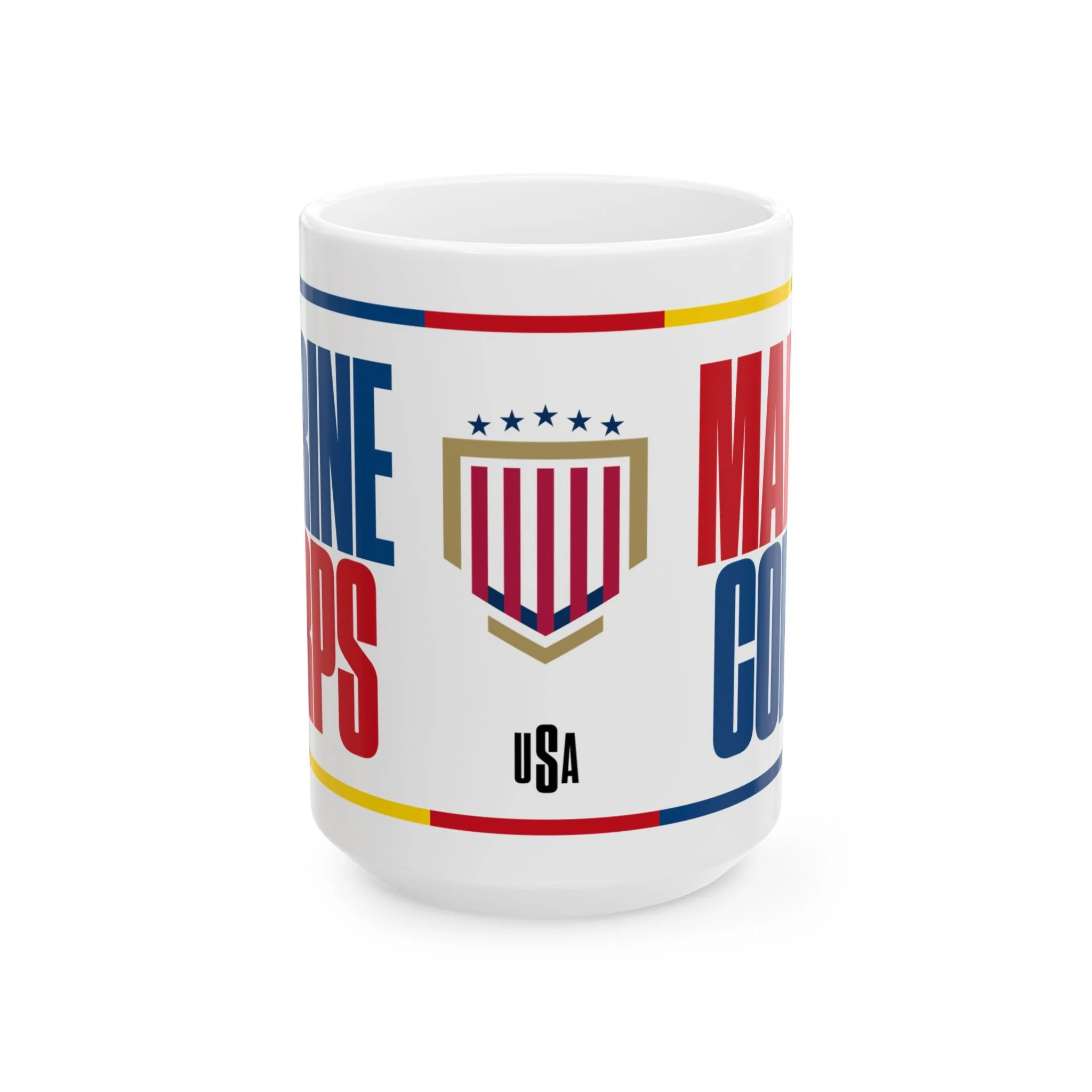 A white coffee mug with a U.S. military shield design crowned with five stars and red stripes with gold accents and USA in condensed block letters.