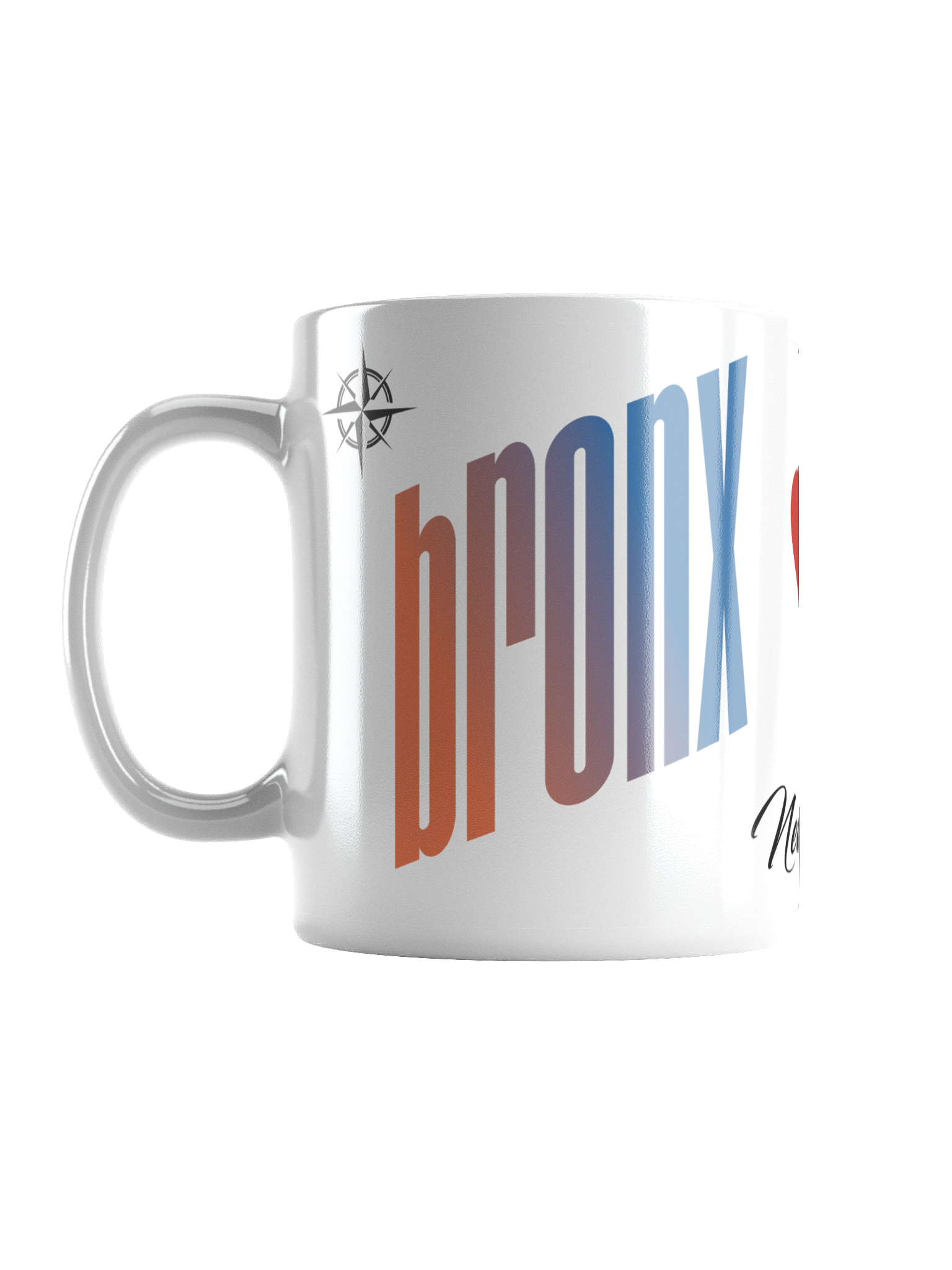 White mug with colorful vertical text reading 'Bronx' and a compass graphic in the top left corner.