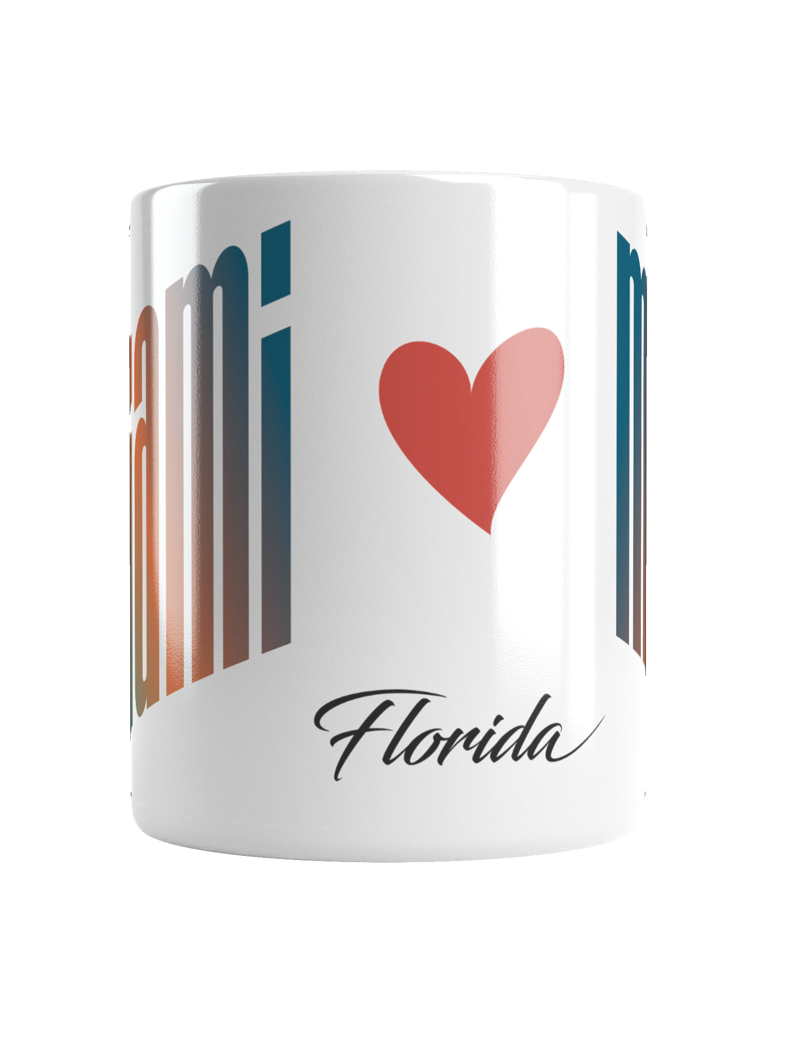 Decorative mug featuring a red heart, text that says "Florida," and a design inspired by the American flag with red and white stripes and a blue field.