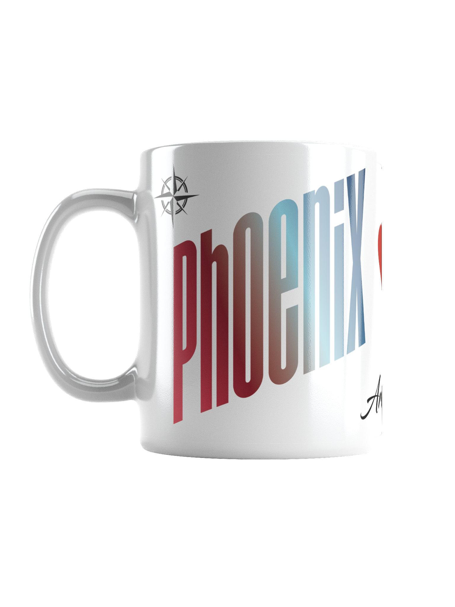 A white coffee mug with the words 'PHILOSOPHY' printed on it in red and blue gradient letters, with a small black signature on the bottom right.