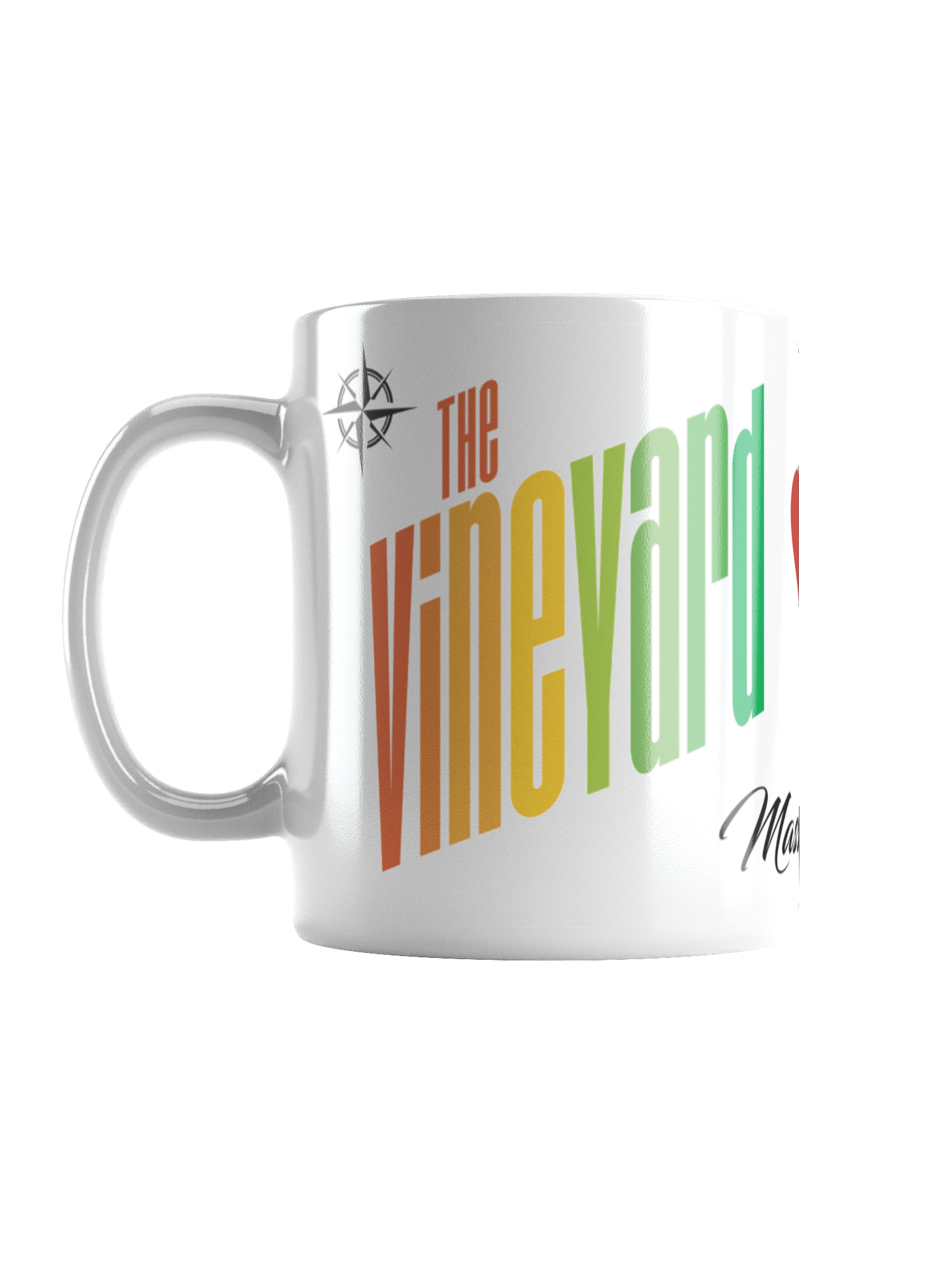 White ceramic mug with colorful text that reads "The Wave" and a decorative compass logo at the top.