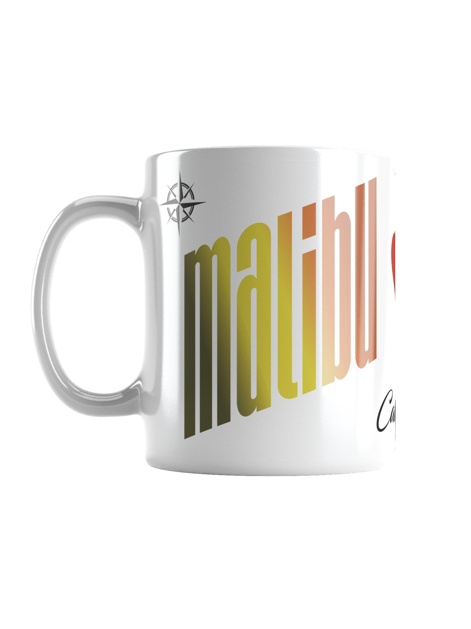 A white ceramic coffee mug with colorful text and a black logo on the side, partially visible, against a black background.