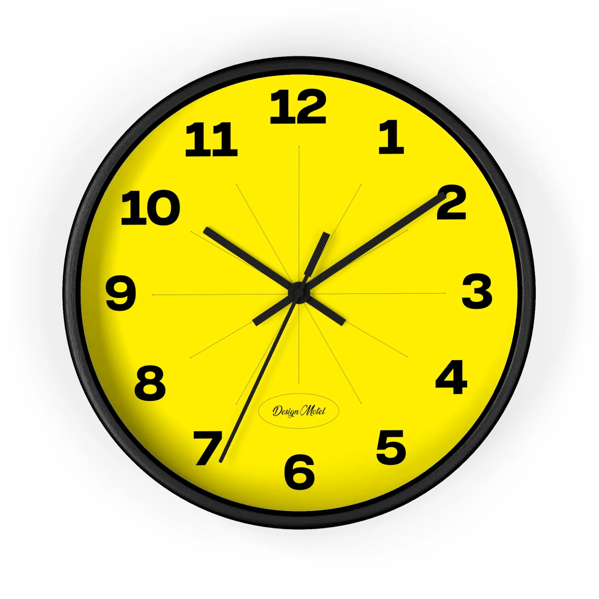 Design Motel black-on-yellow clock face.