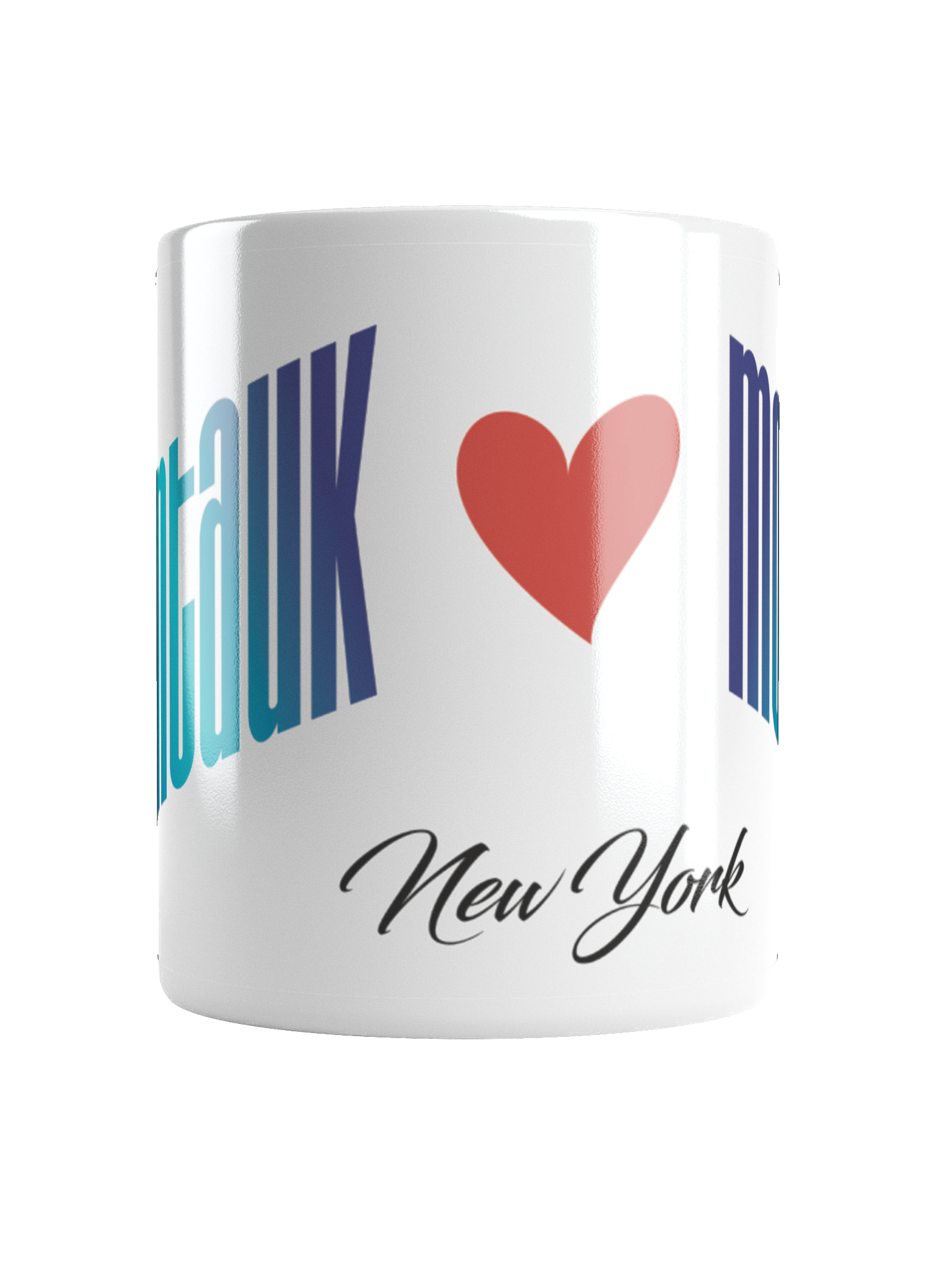 A white souvenir mug with blue text and a red heart, reading 'I love New York' in cursive.