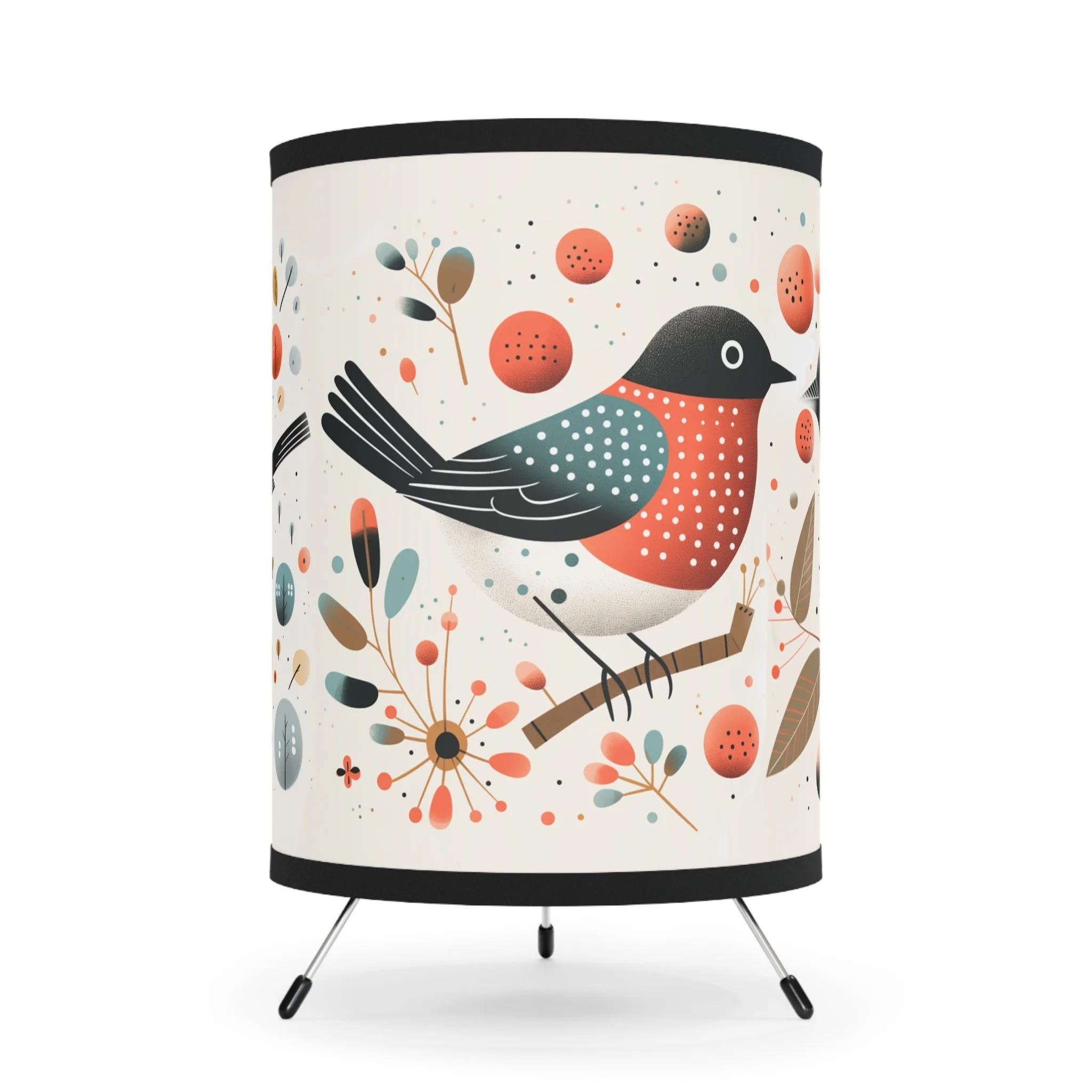Decorative tablelamp featuring a stylized illustration of a bird perched on a branch, surrounded by abstract foliage and circular patterns in coral, teal, black, and brown colors.