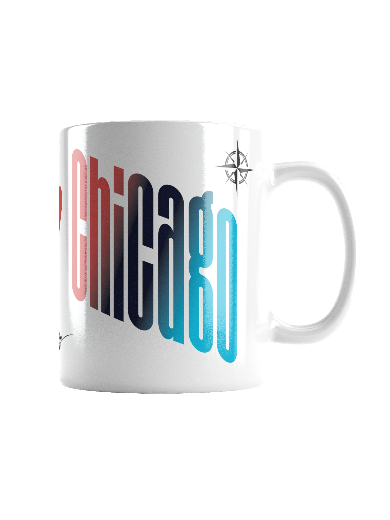 A white ceramic mug with a colorful abstract design and a small compass logo near the handle.