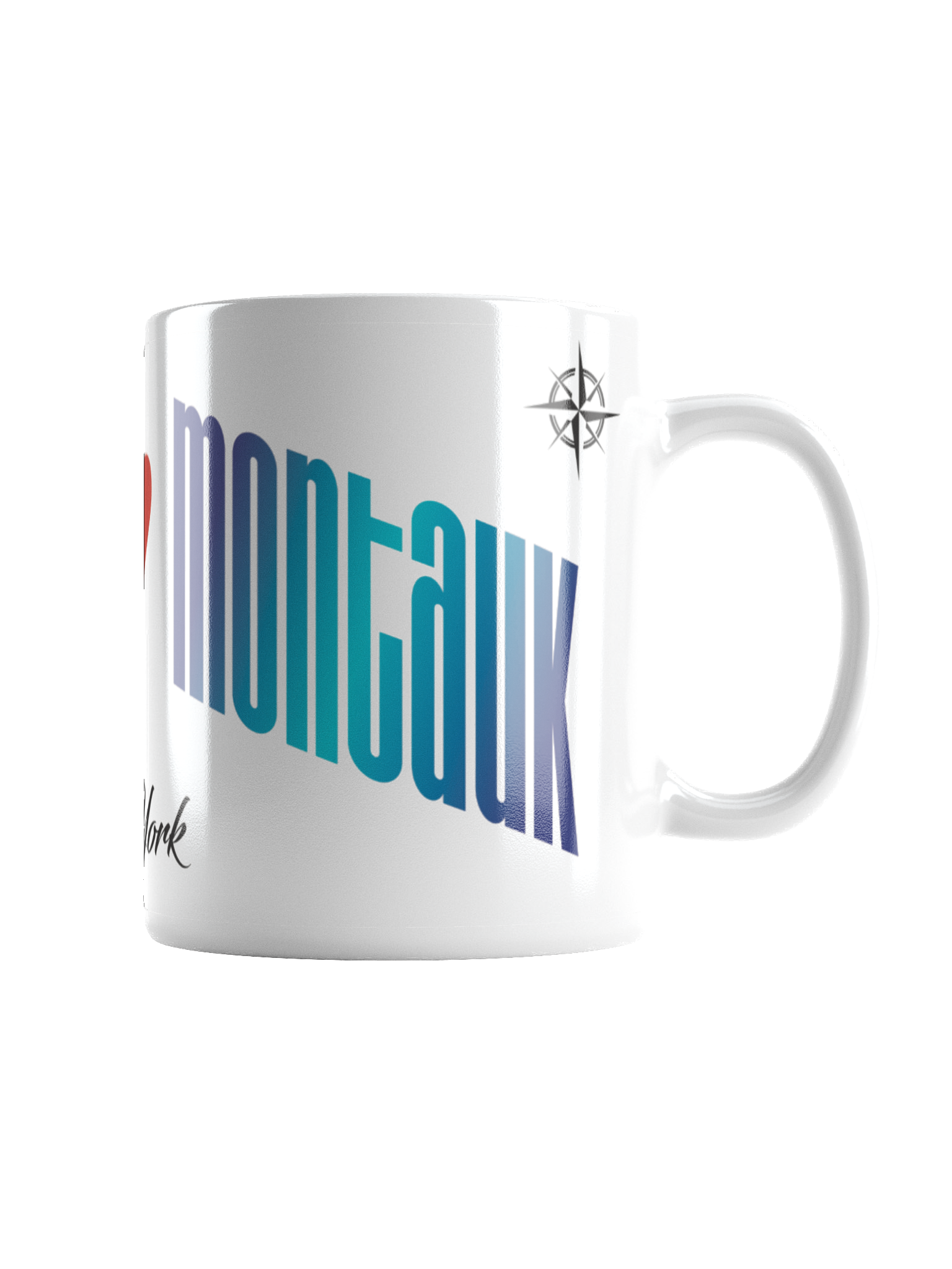Close-up of a white ceramic mug with blue and purple text and a black graphic of a compass rose.