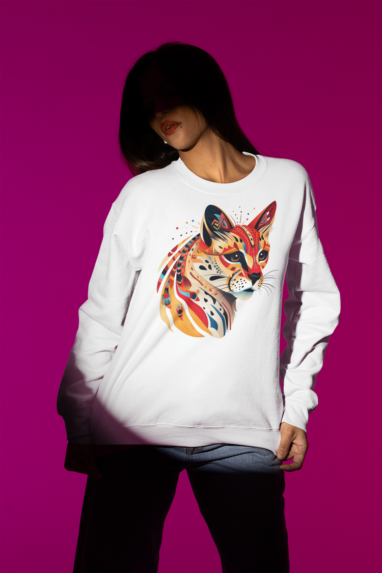 Woman wearing a white sweatshirt with a colorful, artistic lynx illustration on the front, standing against a purple background.
