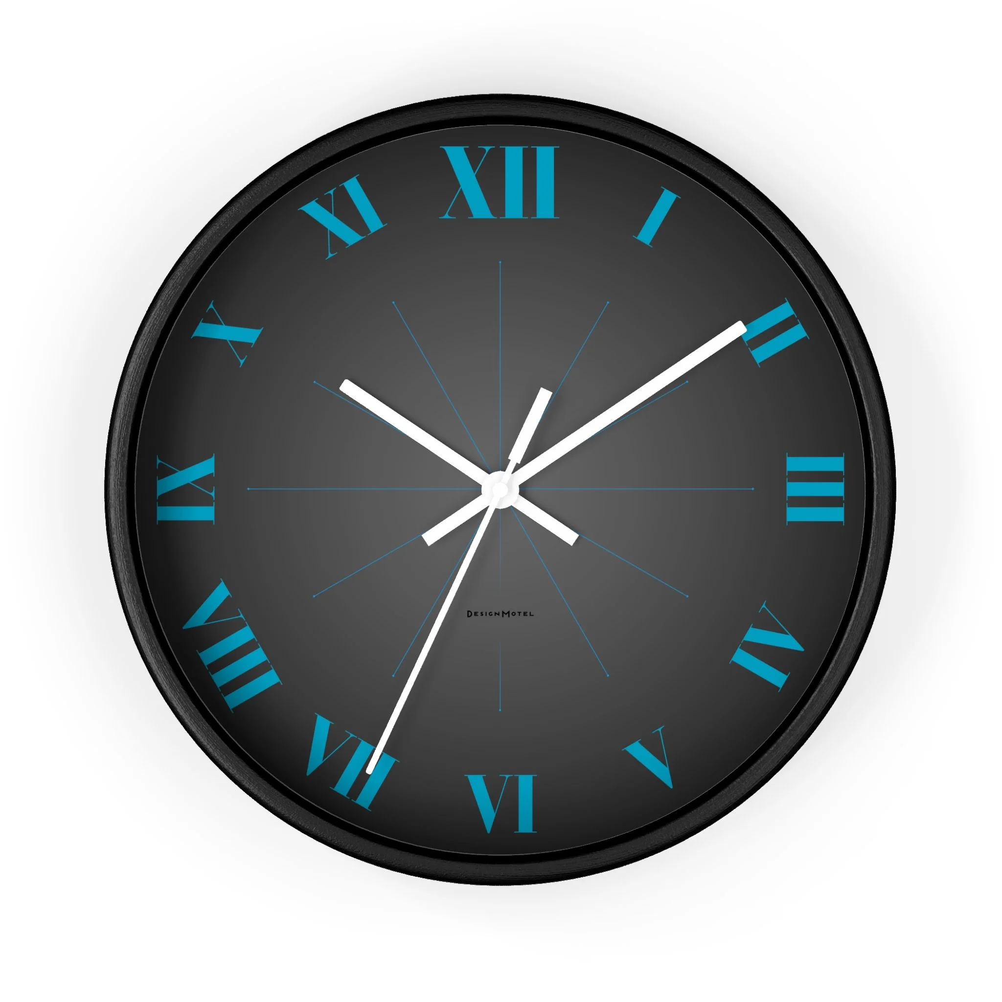 Black wall clock with blue Roman numerals and white hands, showing the time as 11:10.