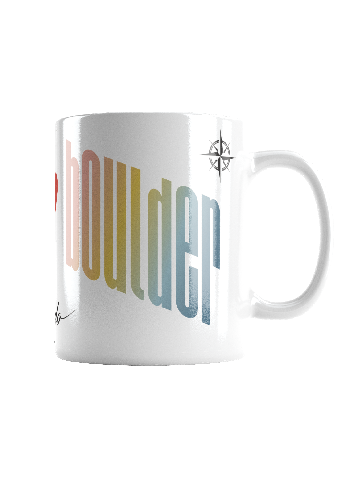 Close-up of a white coffee mug with colorful text reading 'Boulder' and a black compass design above.