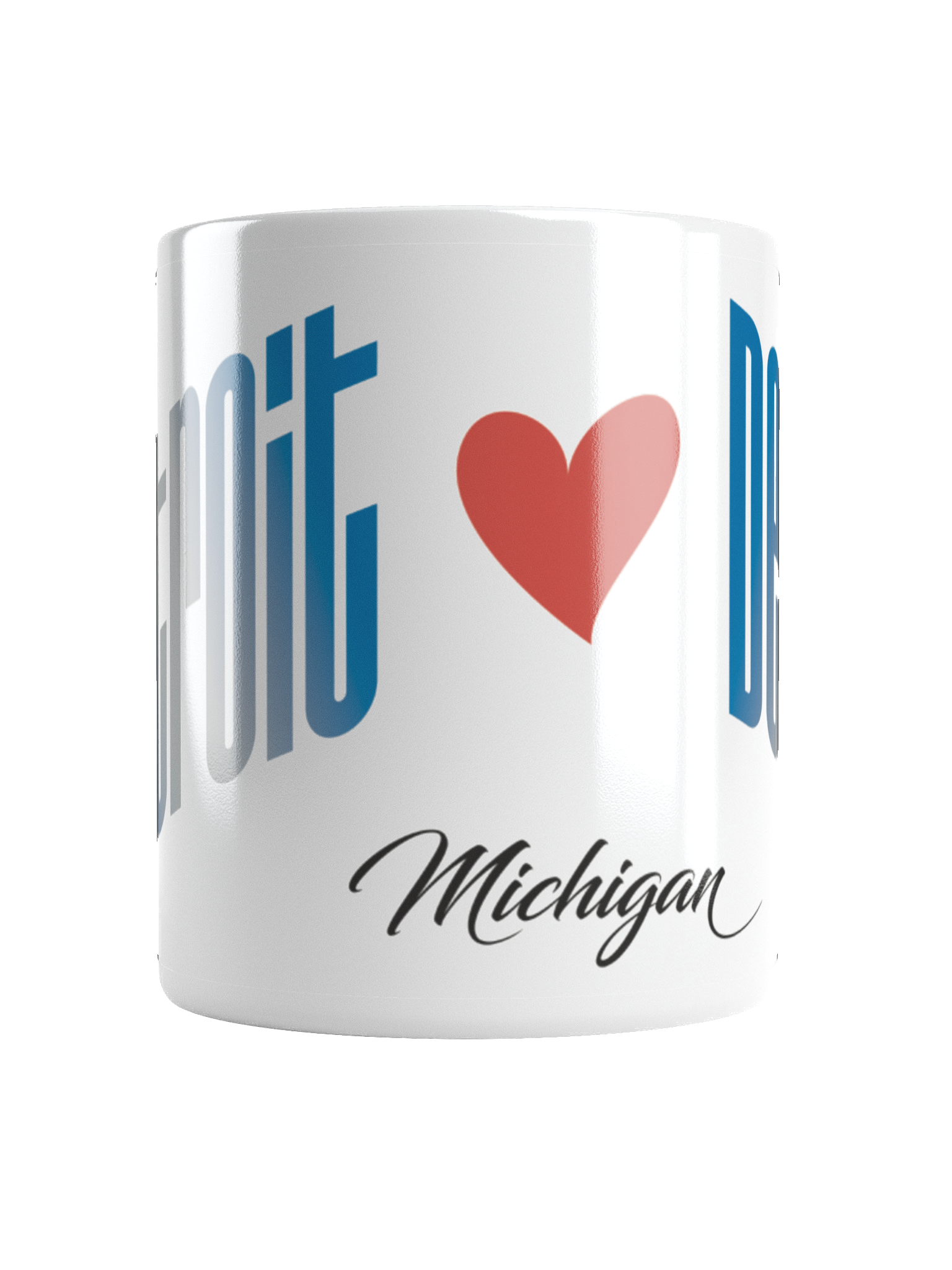 A white cylindrical mug with a red heart symbol ❤️ and 'Michigan' in black cursive script.