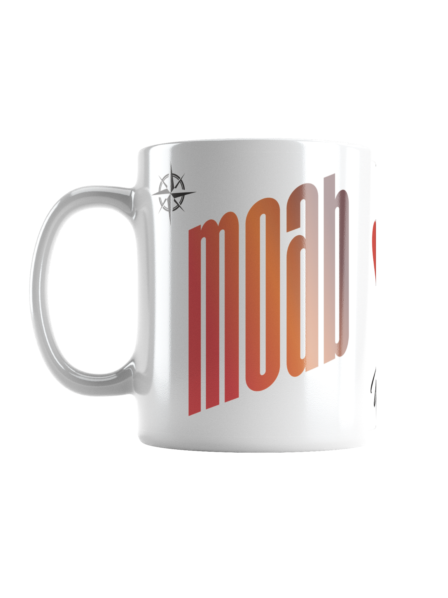 A white ceramic mug with the word 'mohl' in large orange and red stylized letters. The mug has a black compass logo near the handle.