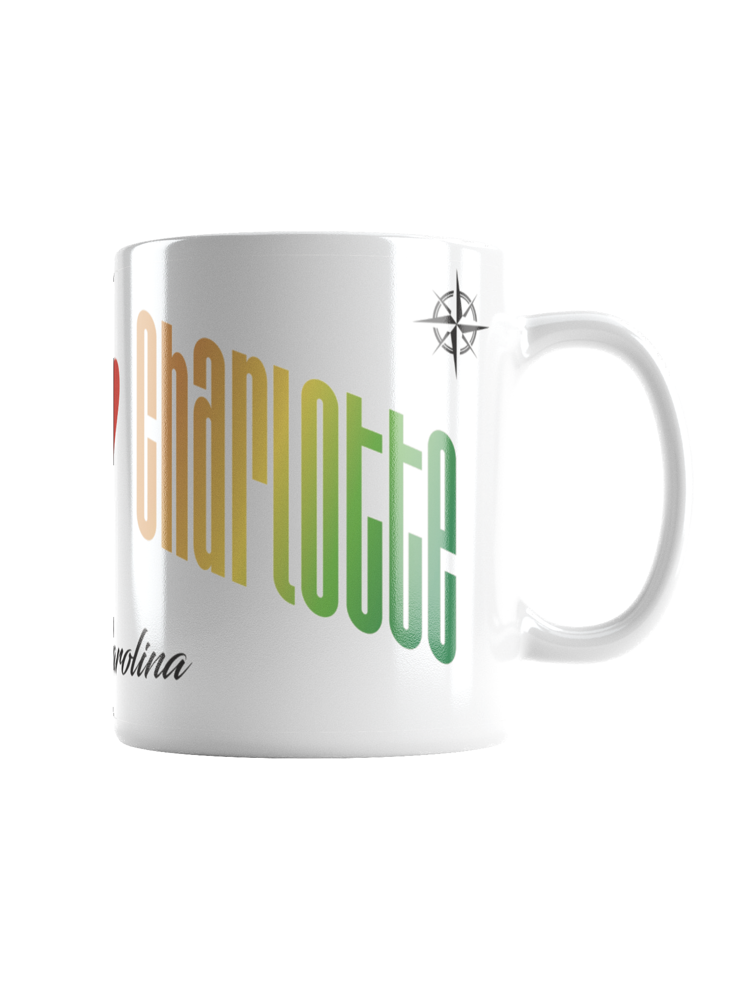 A white ceramic mug with the name 'Charlotte' in gradient colors, featuring a compass rose symbol near the top.