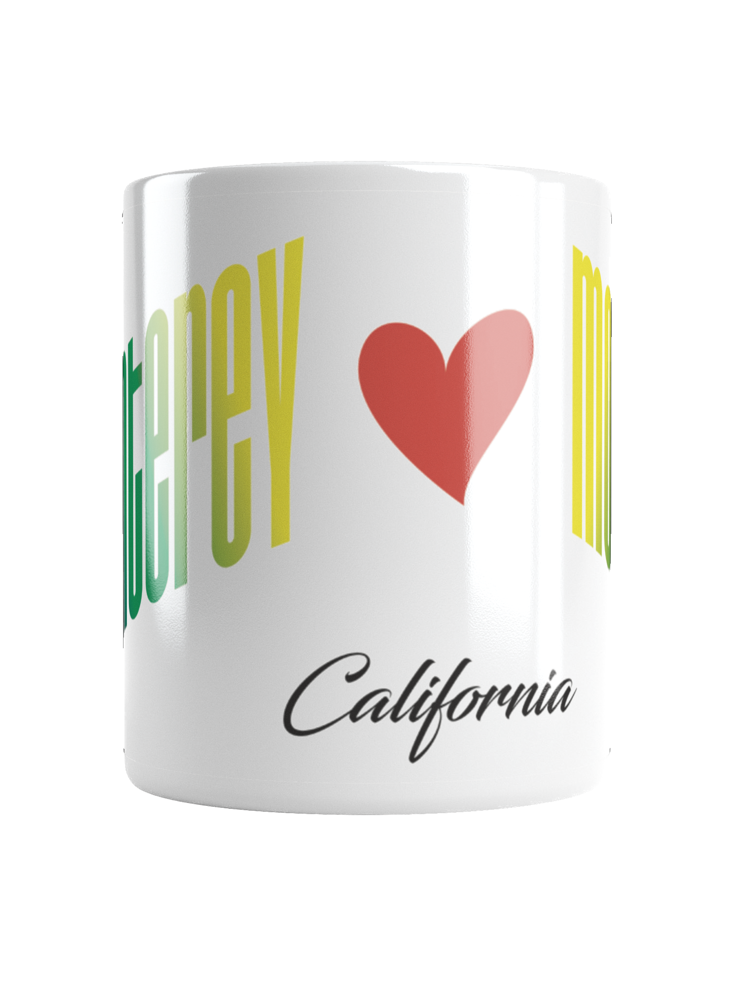 White ceramic mug with colorful text and a red heart, featuring the words 'California' and part of a message that reads 'LOVE YOU'.