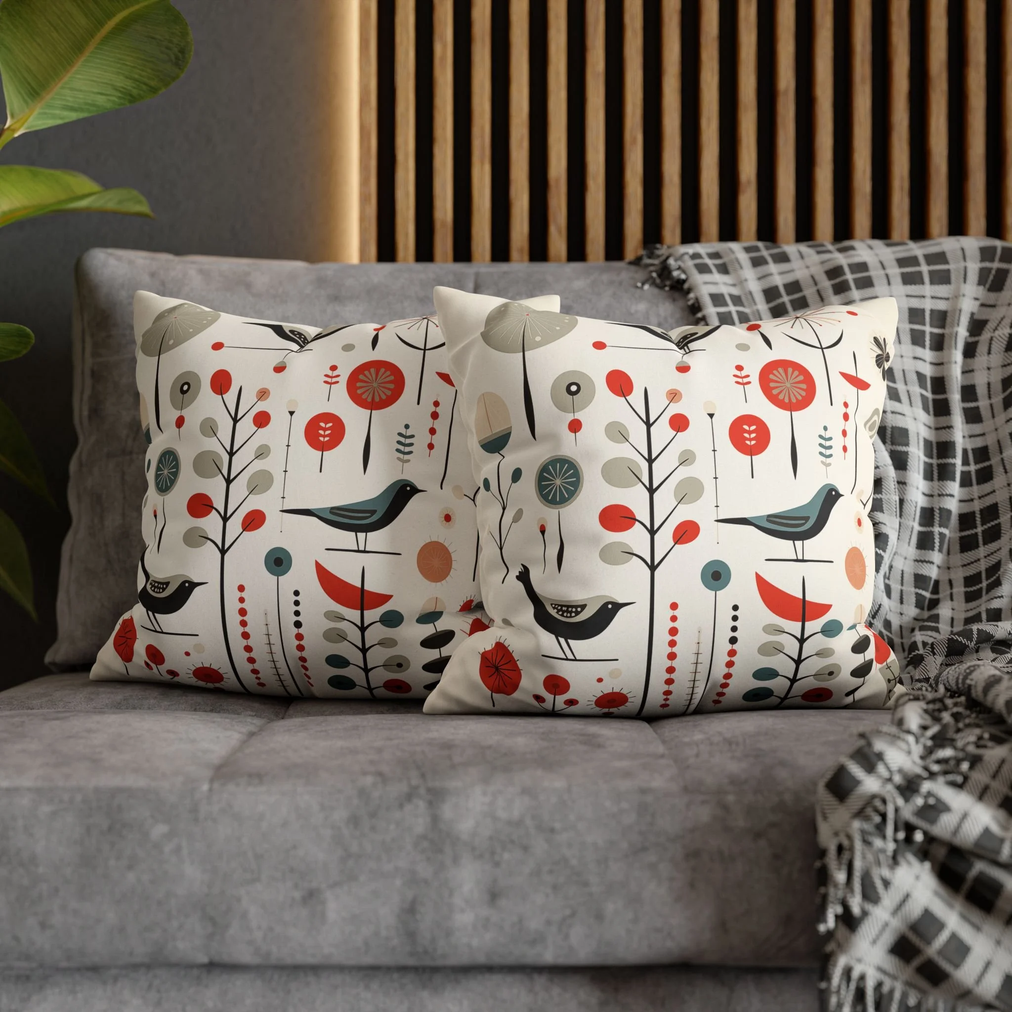 A pair of white pillows on a sofa adorned with mid-century modern graphics of stylized birds, trees, and branches in pale grays, blues, blacks, and orange.