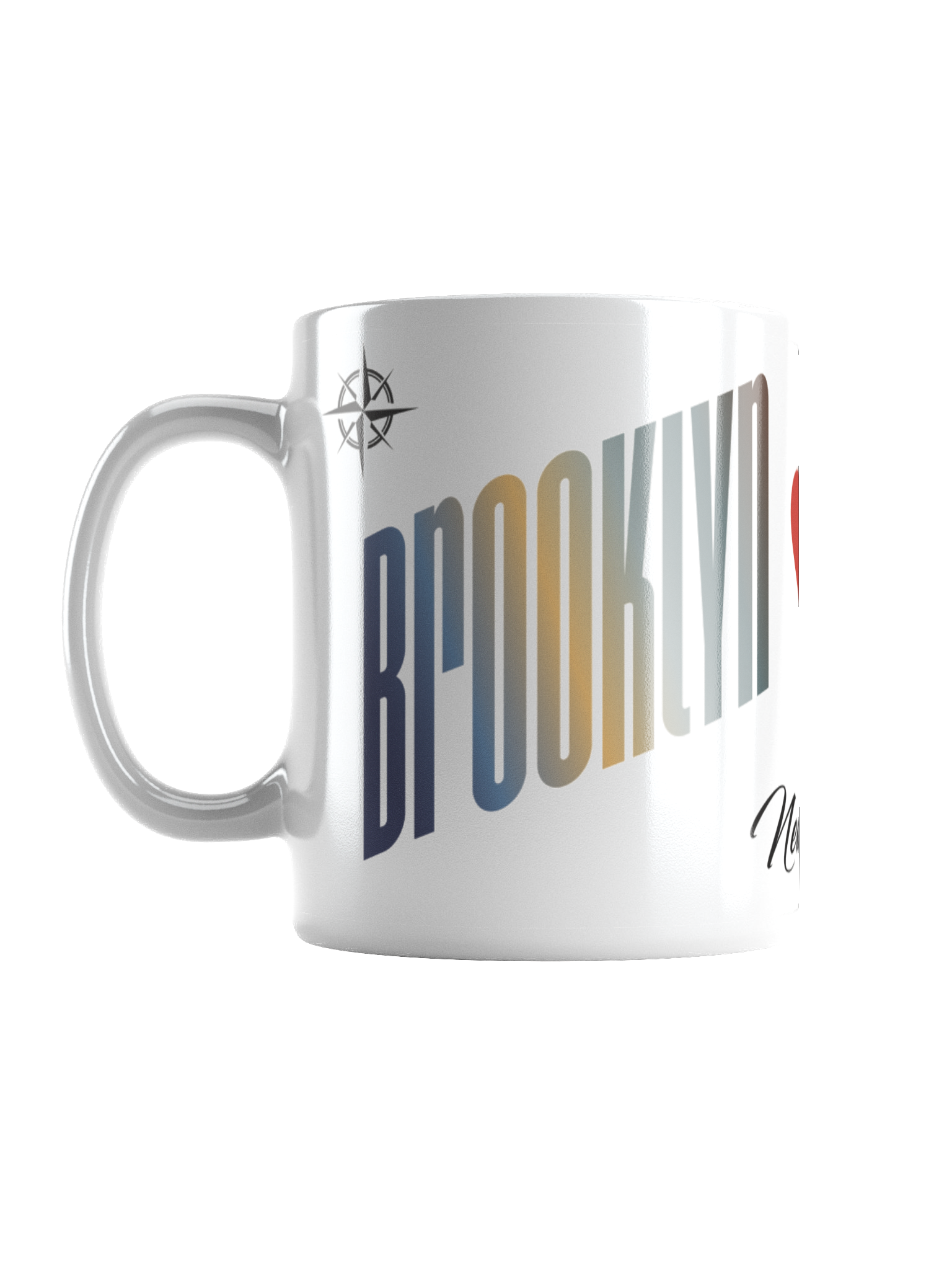 A white ceramic mug featuring colorful, vertical text that says 'Brooklyn' with a signature-like black script at the bottom.