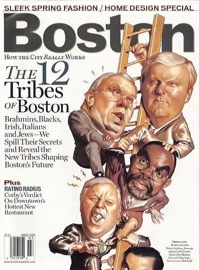 1999 cover of Boston magazine featuring a cover story on The 12 Tribes of Boston. It features caricatures of leading city figures scrambling for position on a ladder.