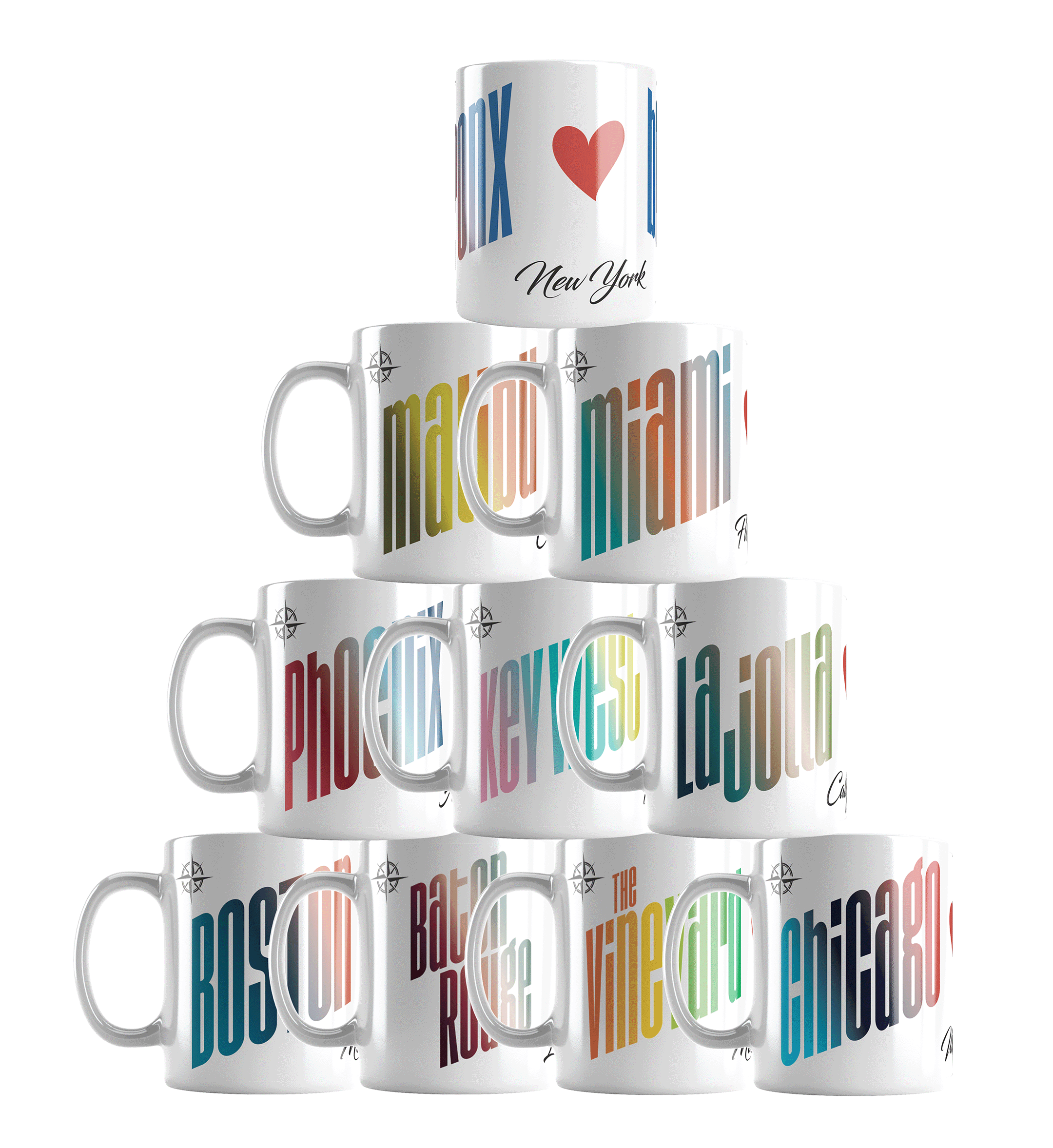 Stacked white coffee mugs with colorful city names and designs, representing New York, Miami, Chicago, Boston, Los Angeles, and others.