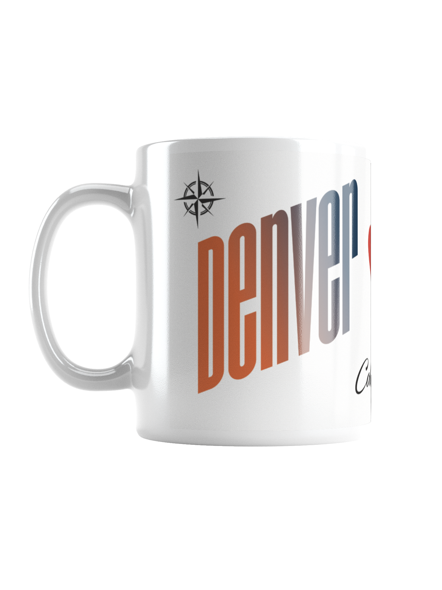 A white ceramic mug with a colorful, stylized text design that is partially visible, reading 'Denver' in large, bold letters with a gradient from blue to red. The mug also features a small compass symbol near the handle.