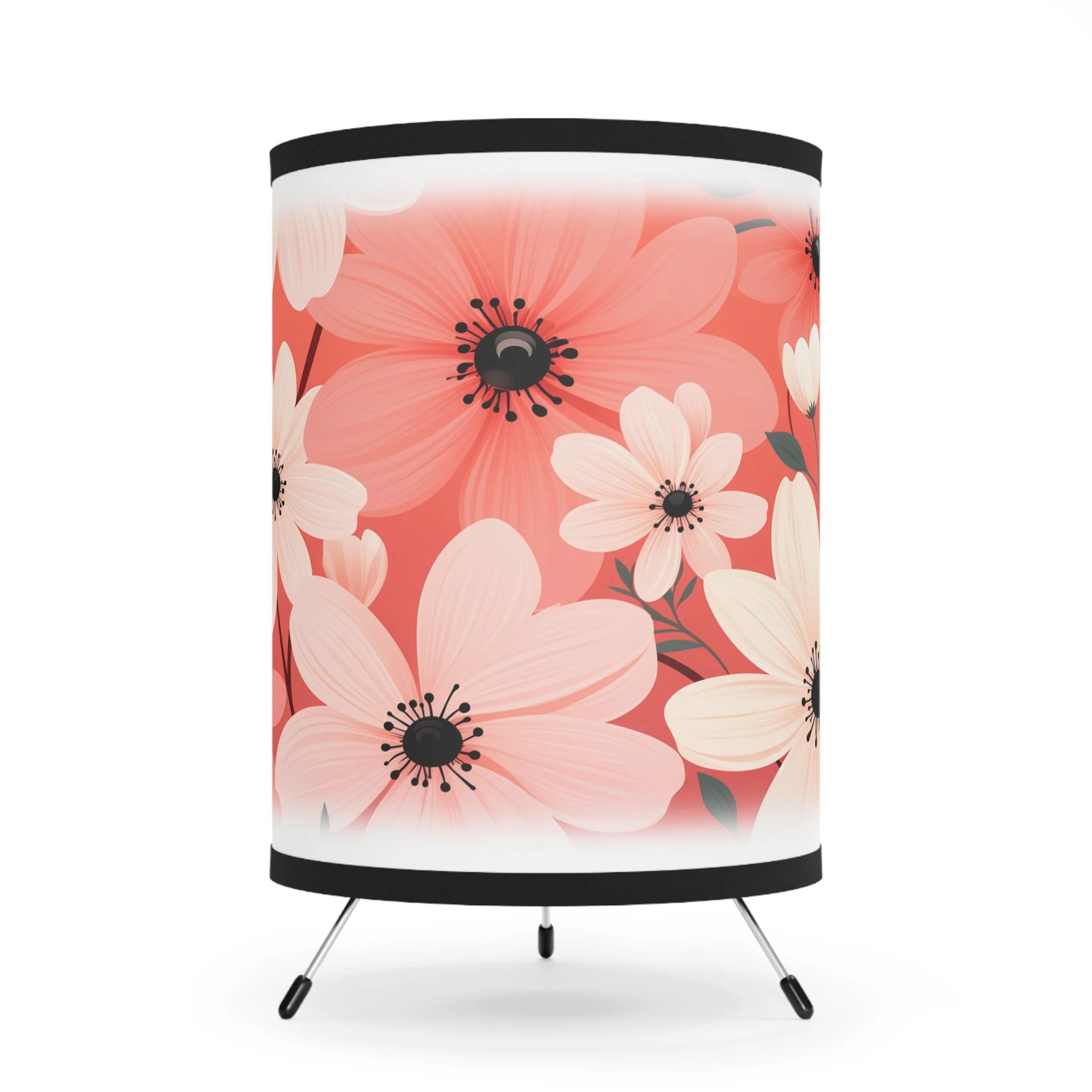 Table lamp with a floral design featuring pink, white, and coral flowers with dark centers.