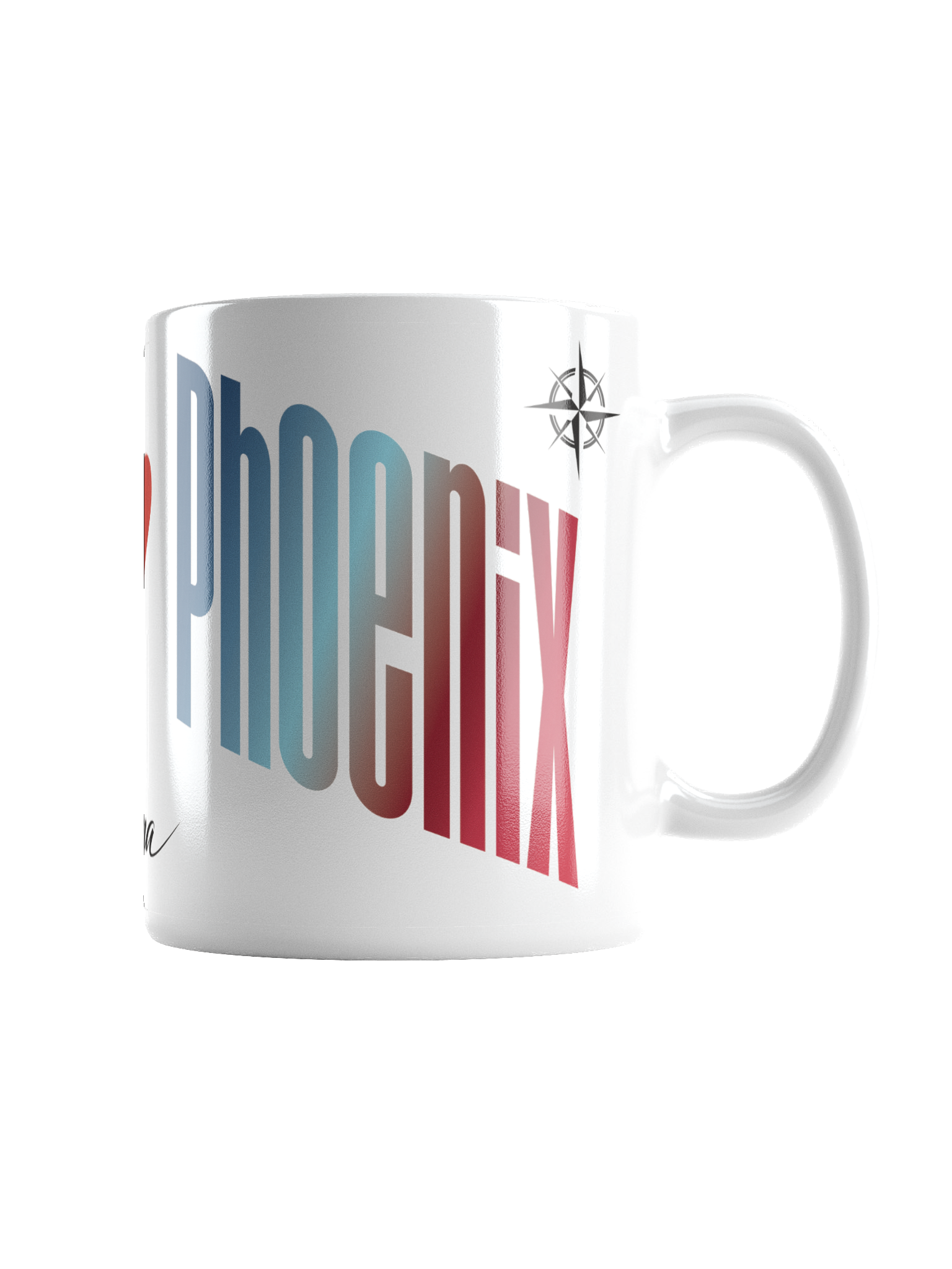 A white coffee mug with a partial rainbow-colored text that reads "Freedom" and a black compass rose symbol above the text.