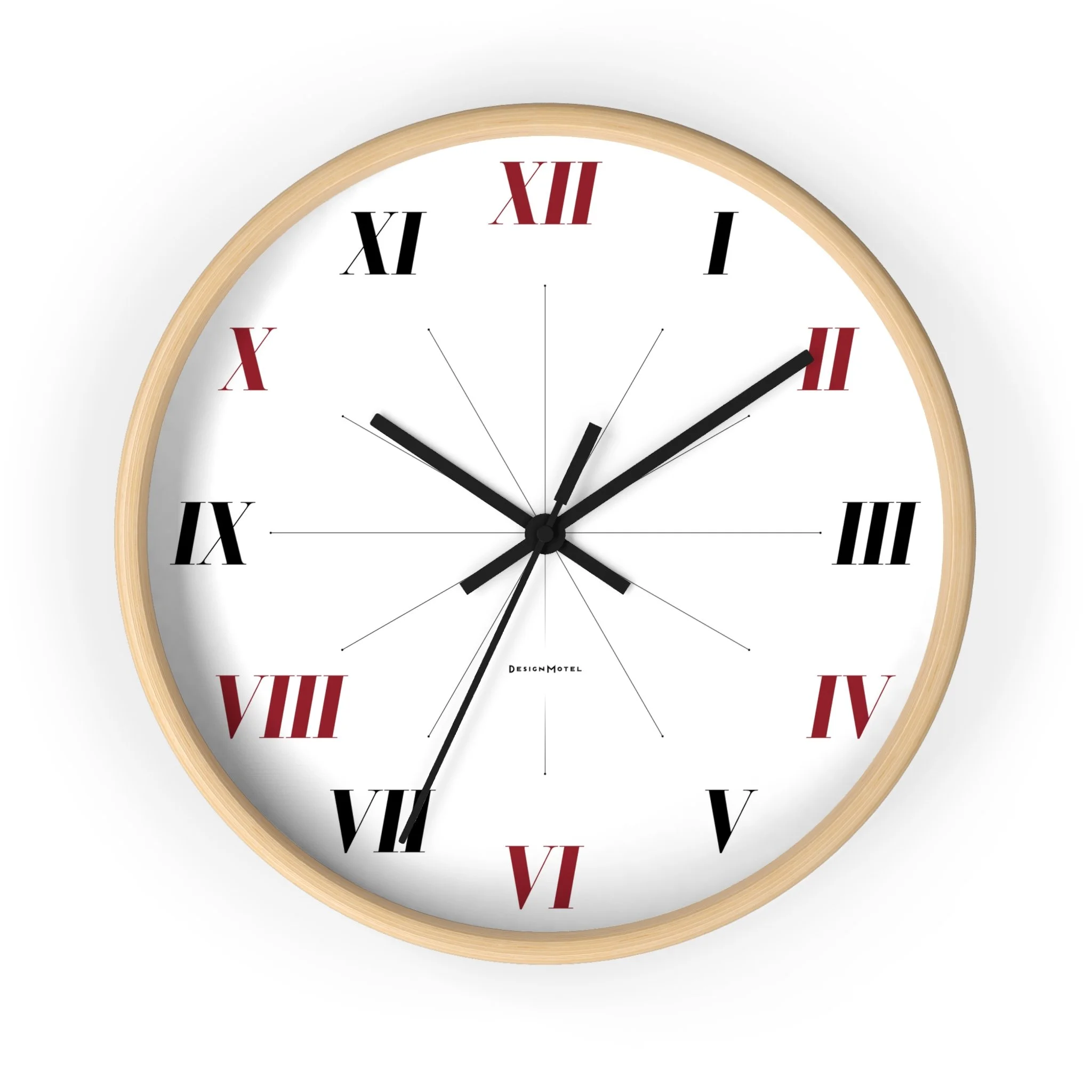 A round wall clock with a light wood frame, white face, black and red Roman numerals, and black hour, minute, and second hands showing a time of approximately 10:12:35.