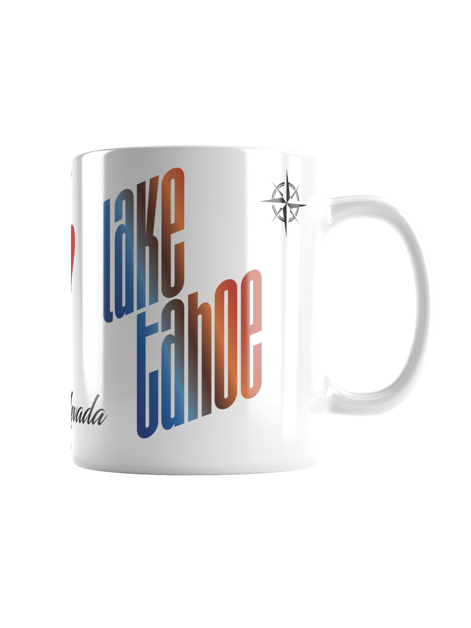Close-up of a white ceramic mug with colorful text and a black compass logo, partially visible.