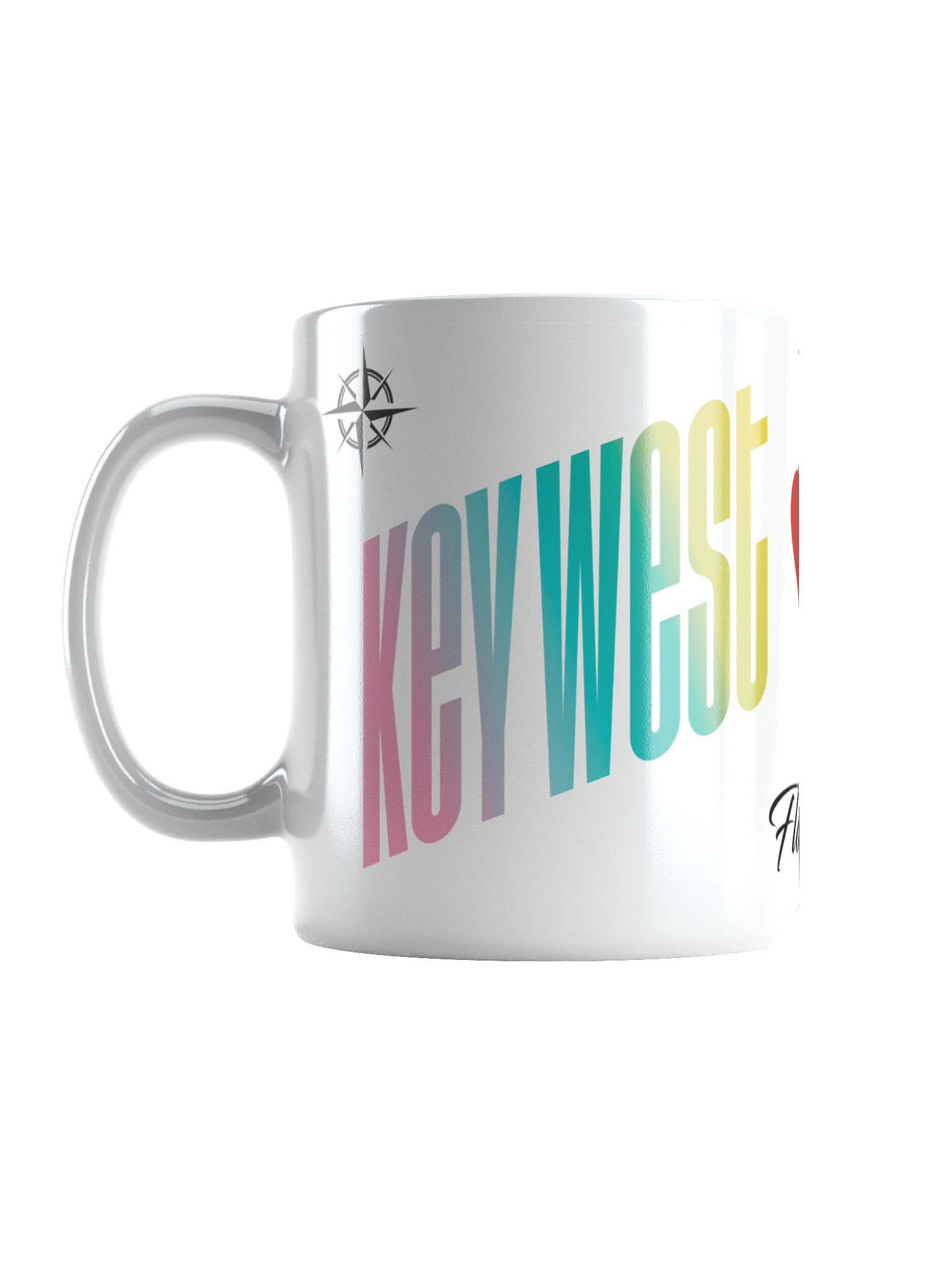 A white ceramic mug with a colorful, stylized text design that reads 'Key West' in large, bold, letters. The mug also features a small compass symbol near the handle.