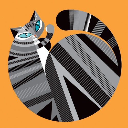 Abstract illustration of a gray cat with blue eyes and geometric patterns on an orange background.