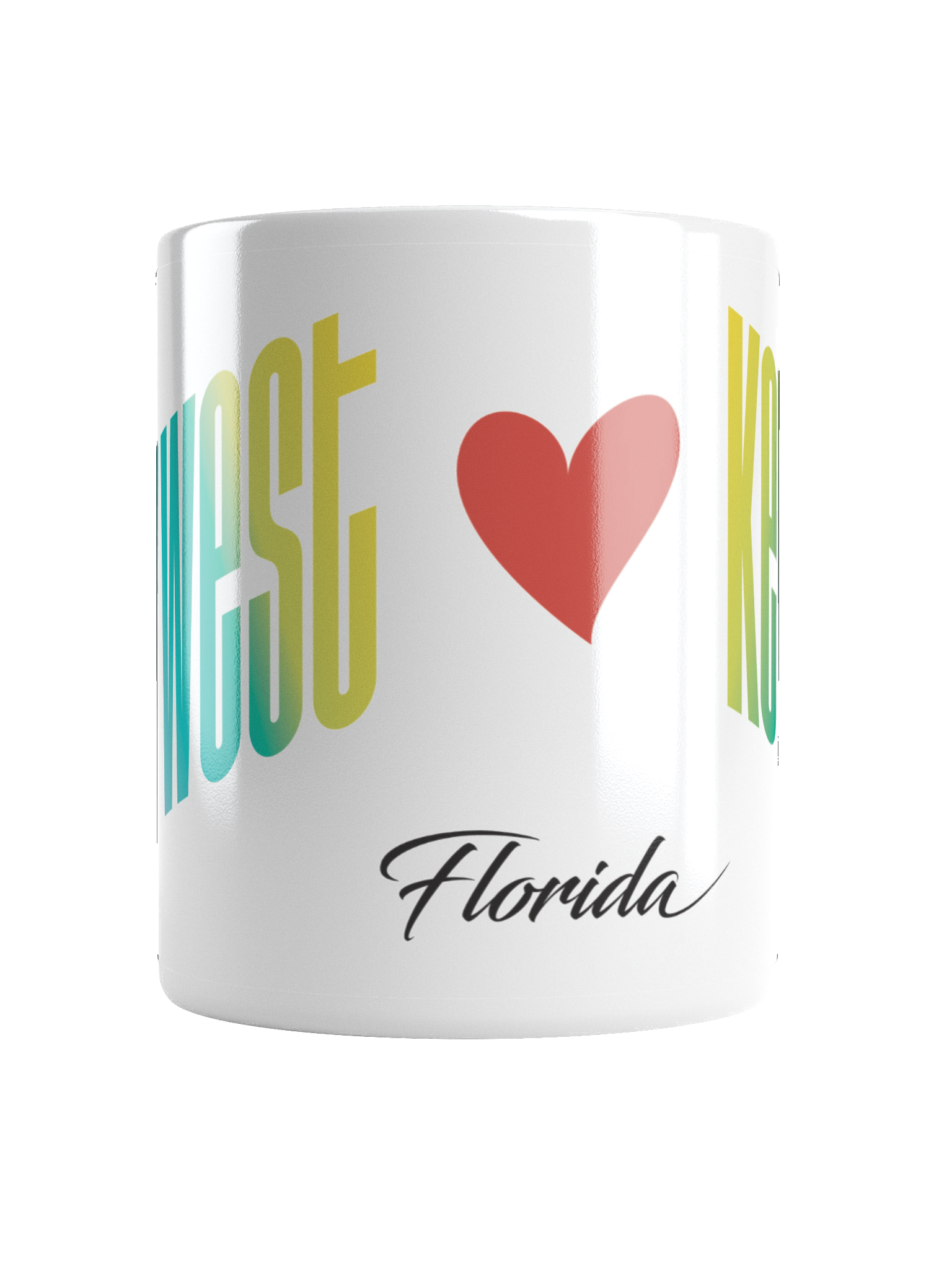 A white mug features a red heart symbol and the state name 'Florida' in black script below.