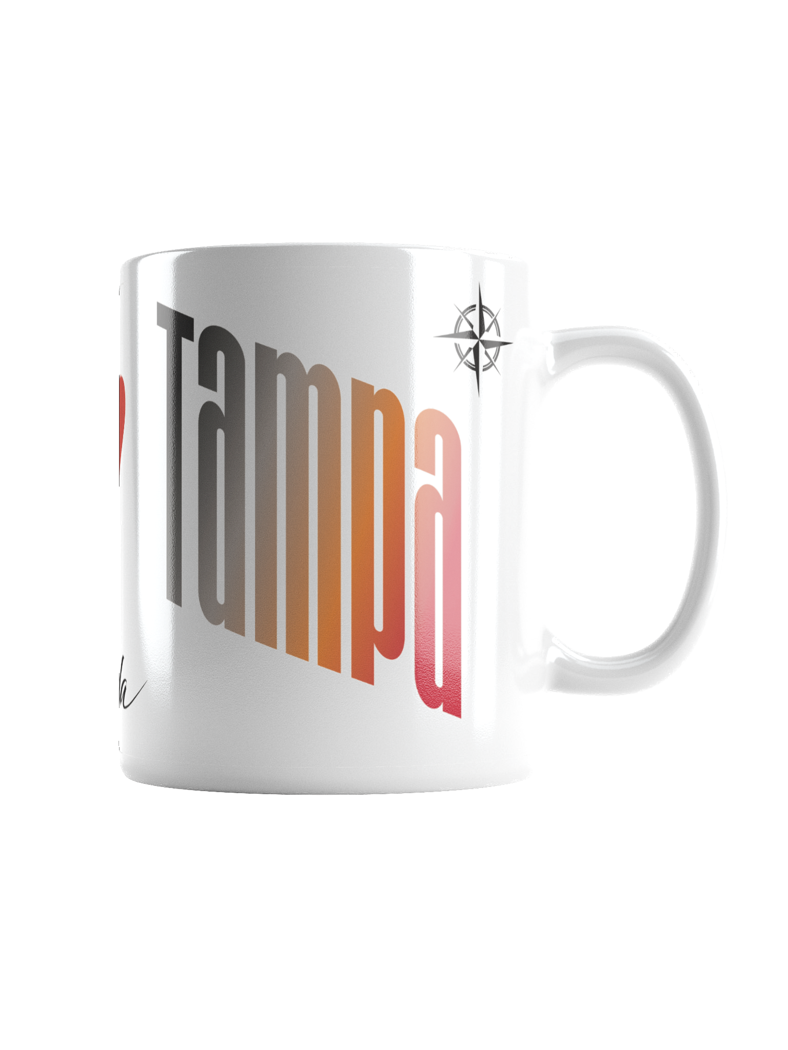 Close-up of a white coffee mug with colorful vertical text and a compass symbol, against a black background.