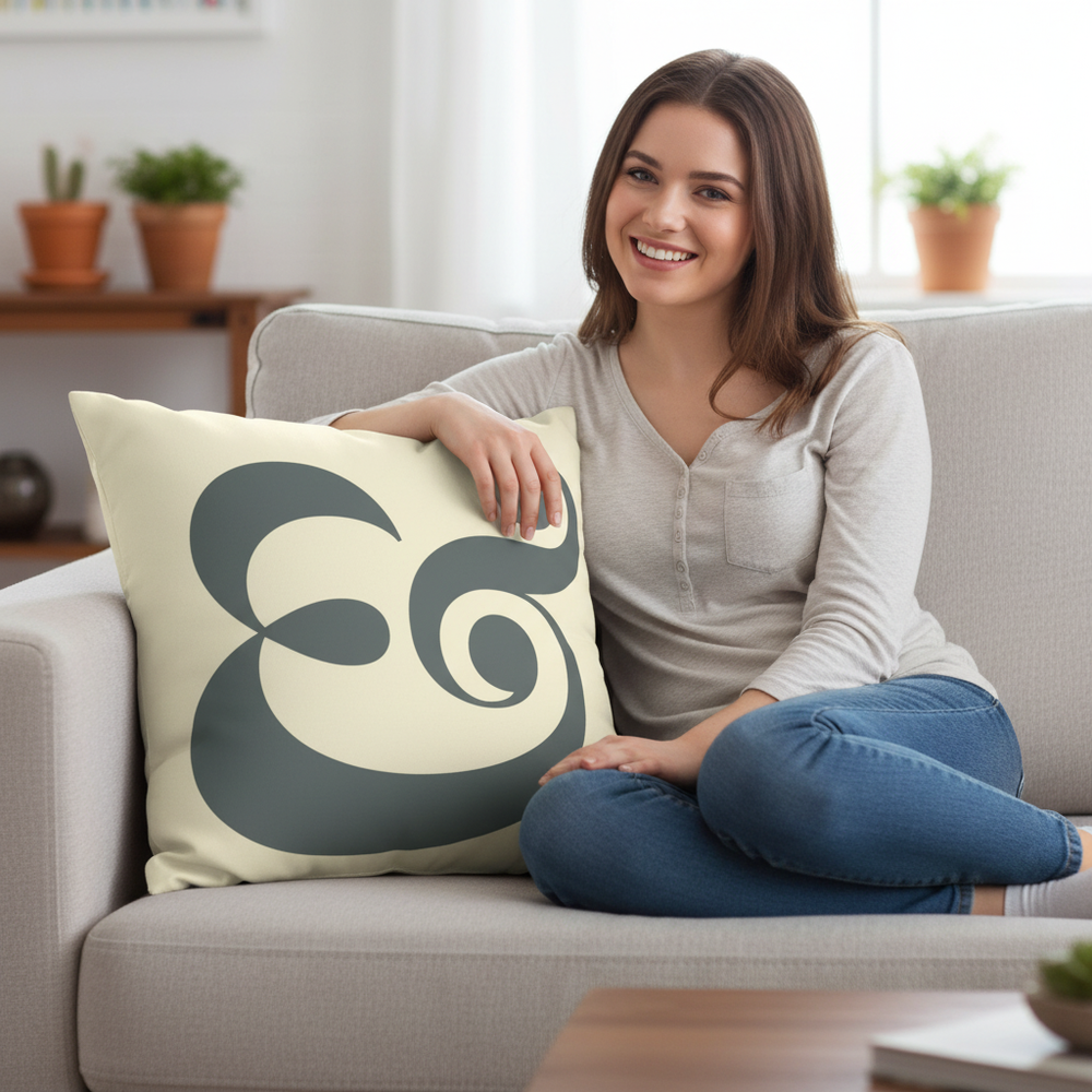 A woman sitting on a light-colored sofa, holding a decorative pillow with an abstract swirl design, smiling at the camera, in a living room with potted plants in the background.