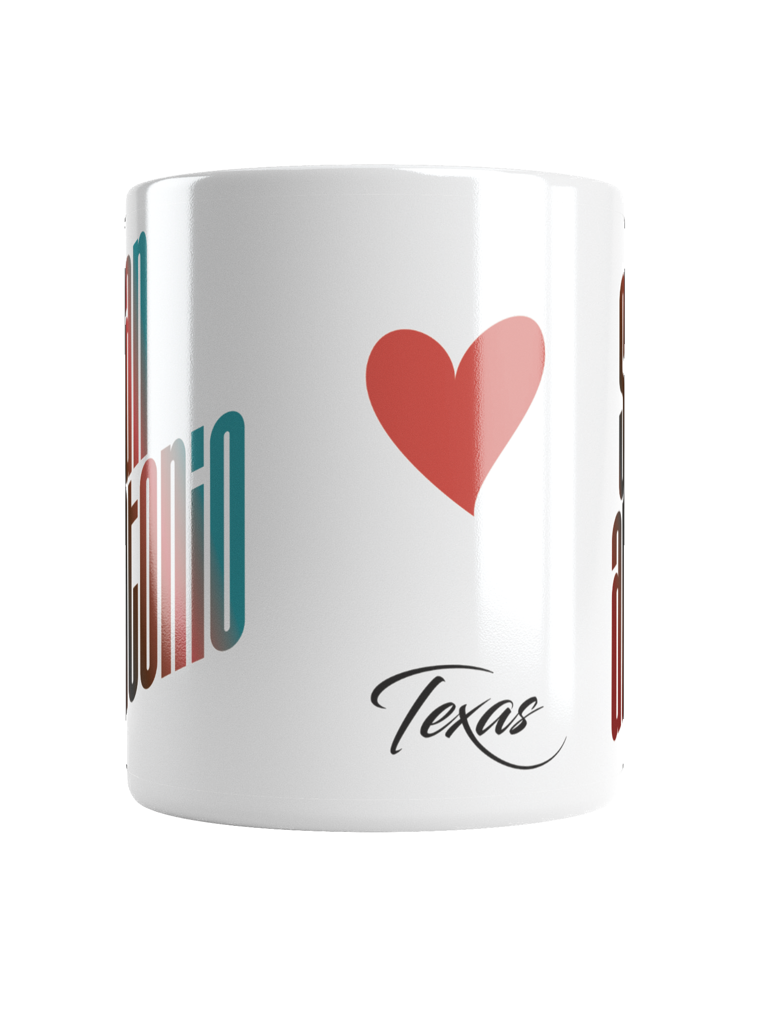 Close-up of a white mug with the word "Texas" written in cursive and a red heart symbol on the side.