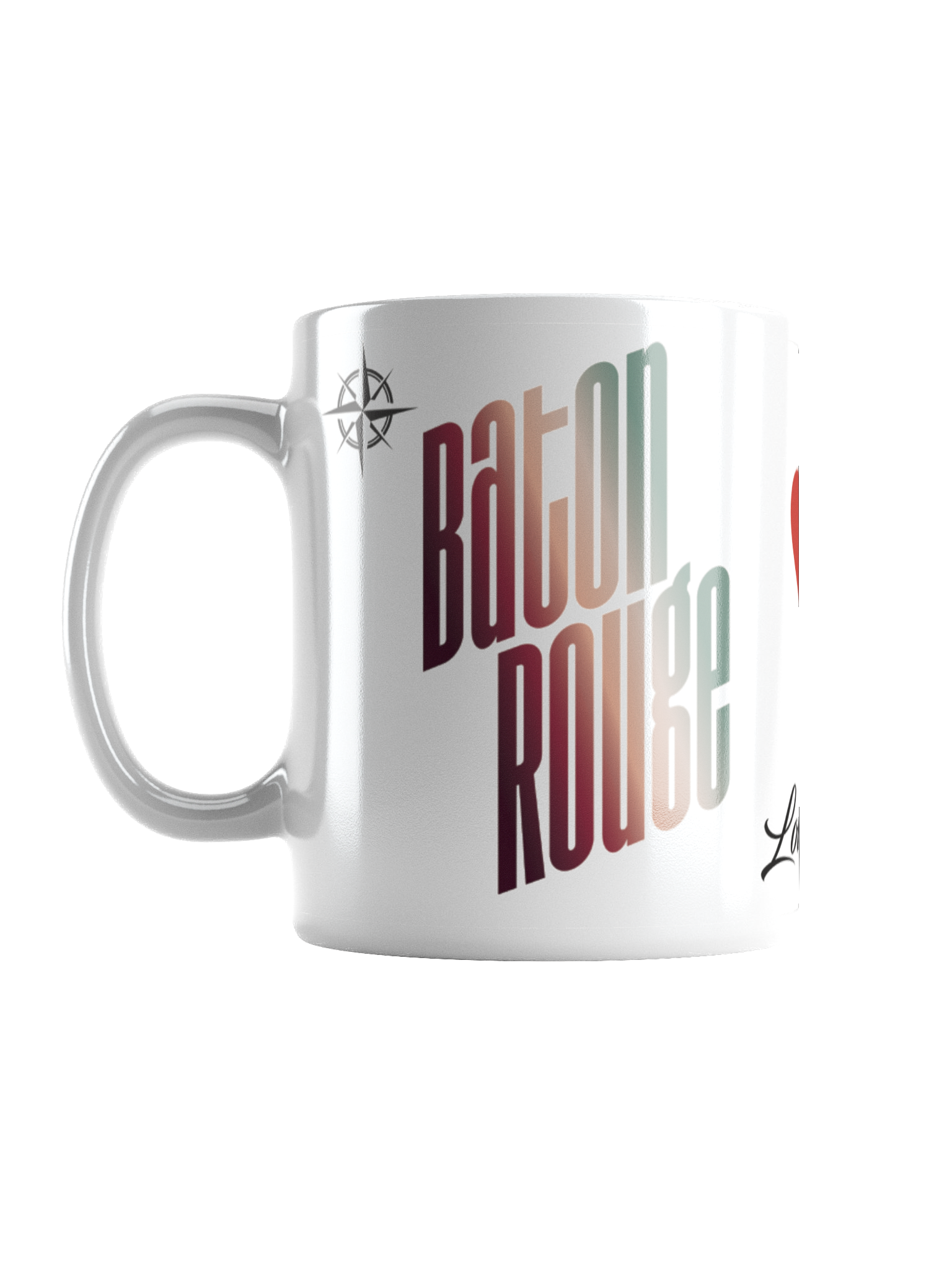 A white ceramic coffee mug with rainbow-colored text that says 'Baton Rouge' and a small black signature at the bottom.