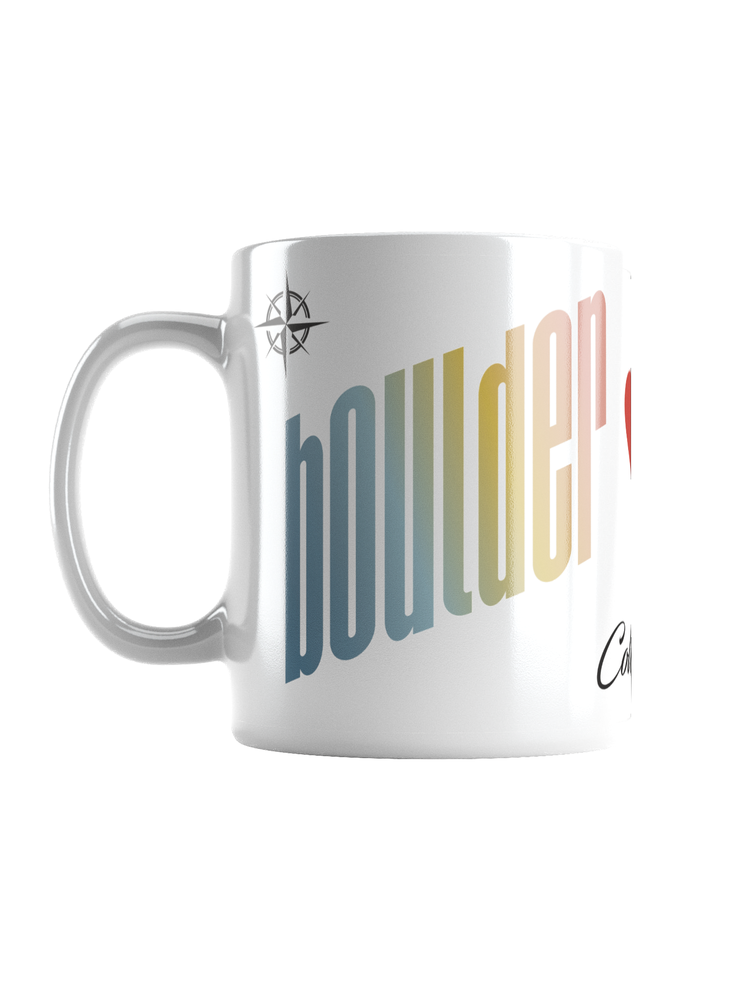 A white ceramic coffee mug with the word "Boulder" in large, rainbow-colored letters.