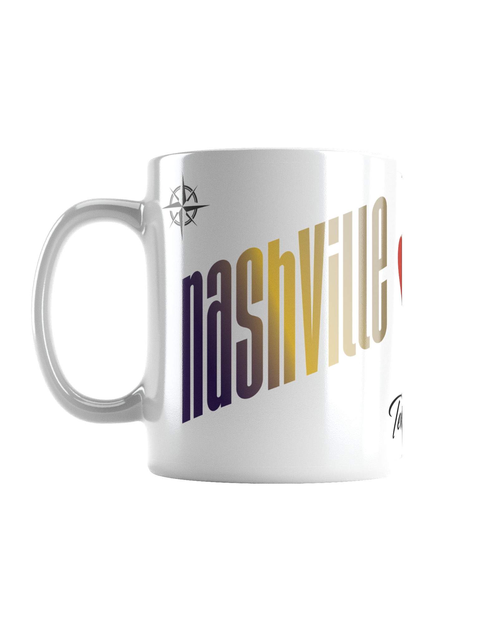 Close-up of a white ceramic mug with colorful text and logo, partially visible, against a black background.