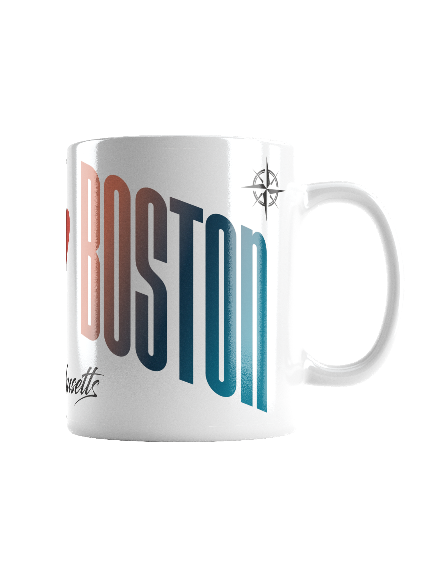 A white ceramic mug with the word 'Boston' in large gradient letters and a small compass logo at the top.