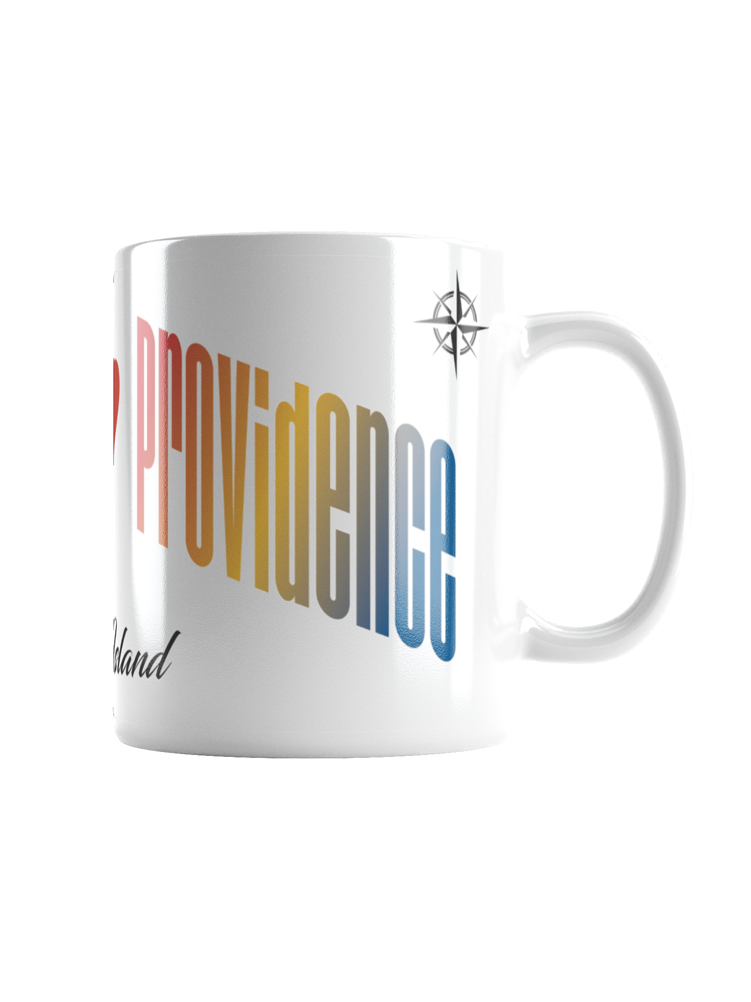 A white ceramic coffee mug with a colorful rainbow gradient text that says 'Enjoy Every Moment.' The mug has a modern round handle on the right side, and there is a small black and white compass logo near the handle.