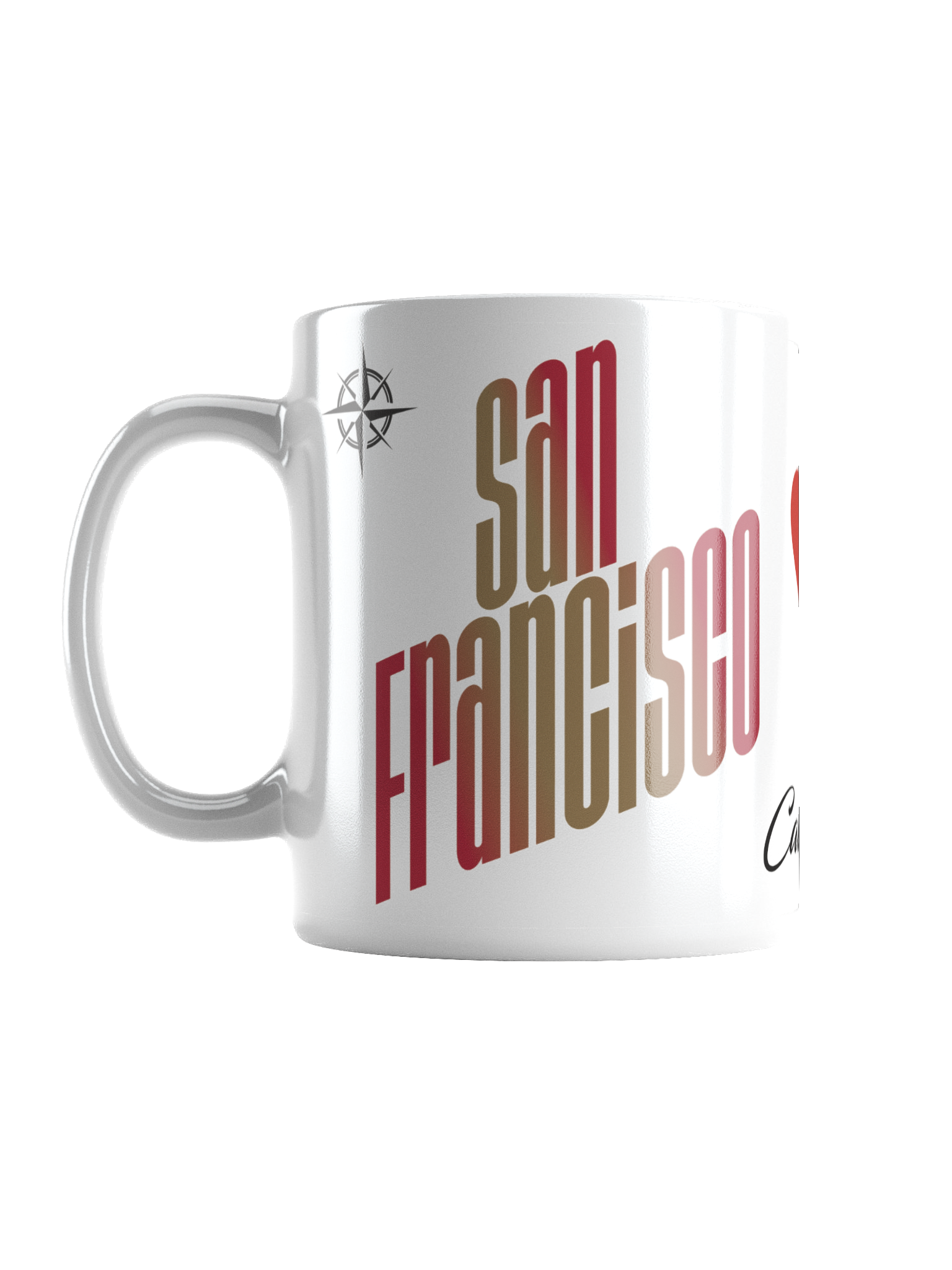 A white ceramic coffee mug with text that reads "School of Emergency" in red and beige letters, and a black signature at the bottom right corner.