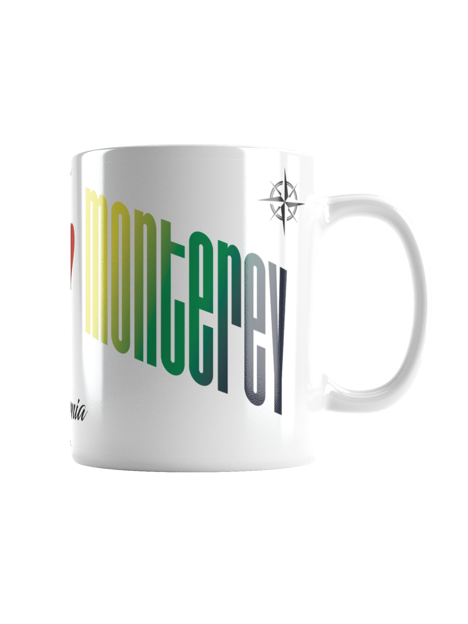 Close-up of a white ceramic mug with colorful text and a small compass graphic near the handle, against a black background.