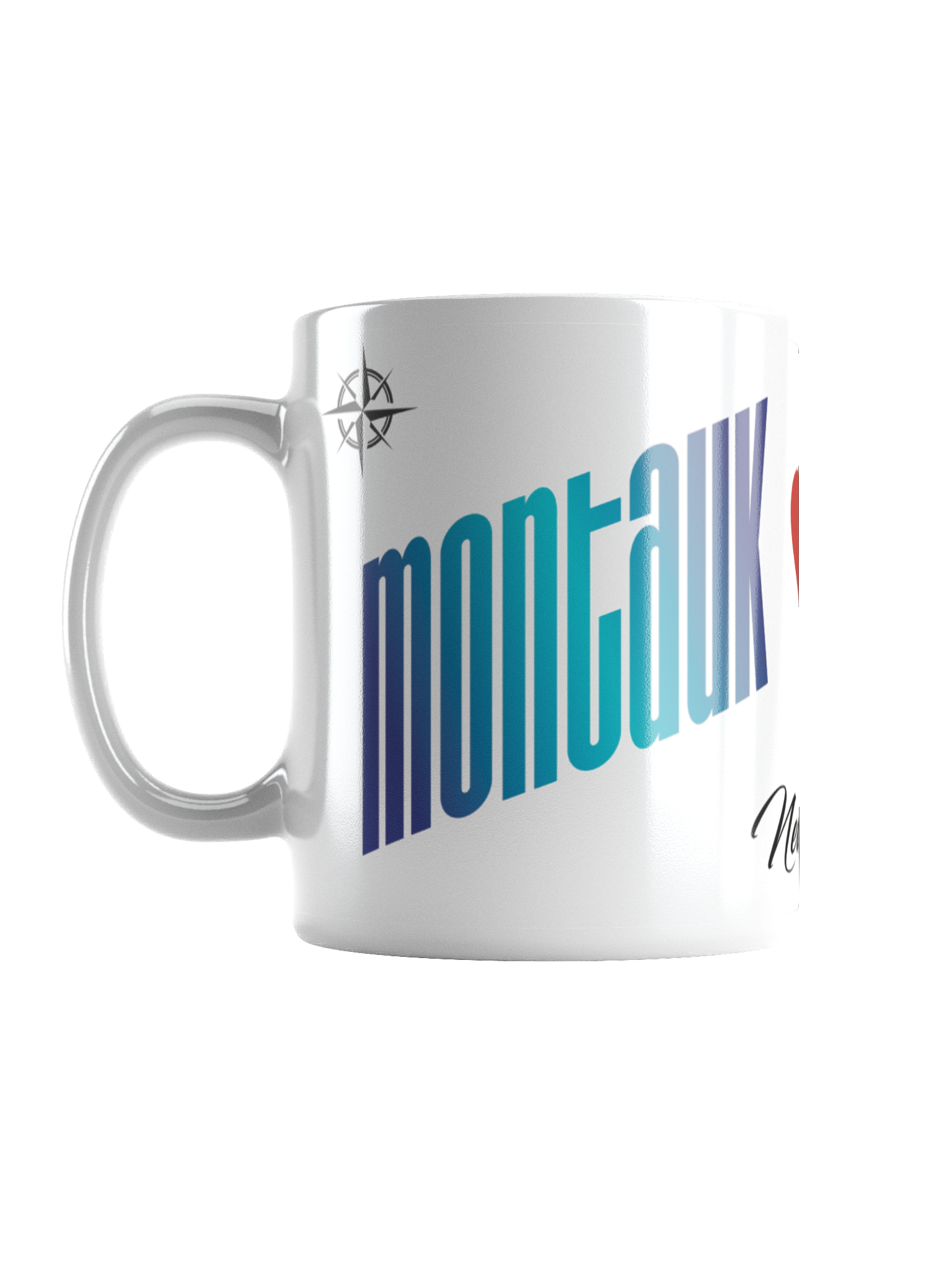 White mug with colorful vertical stripes and partially visible text, with a crown emblem near the handle, against a black background.